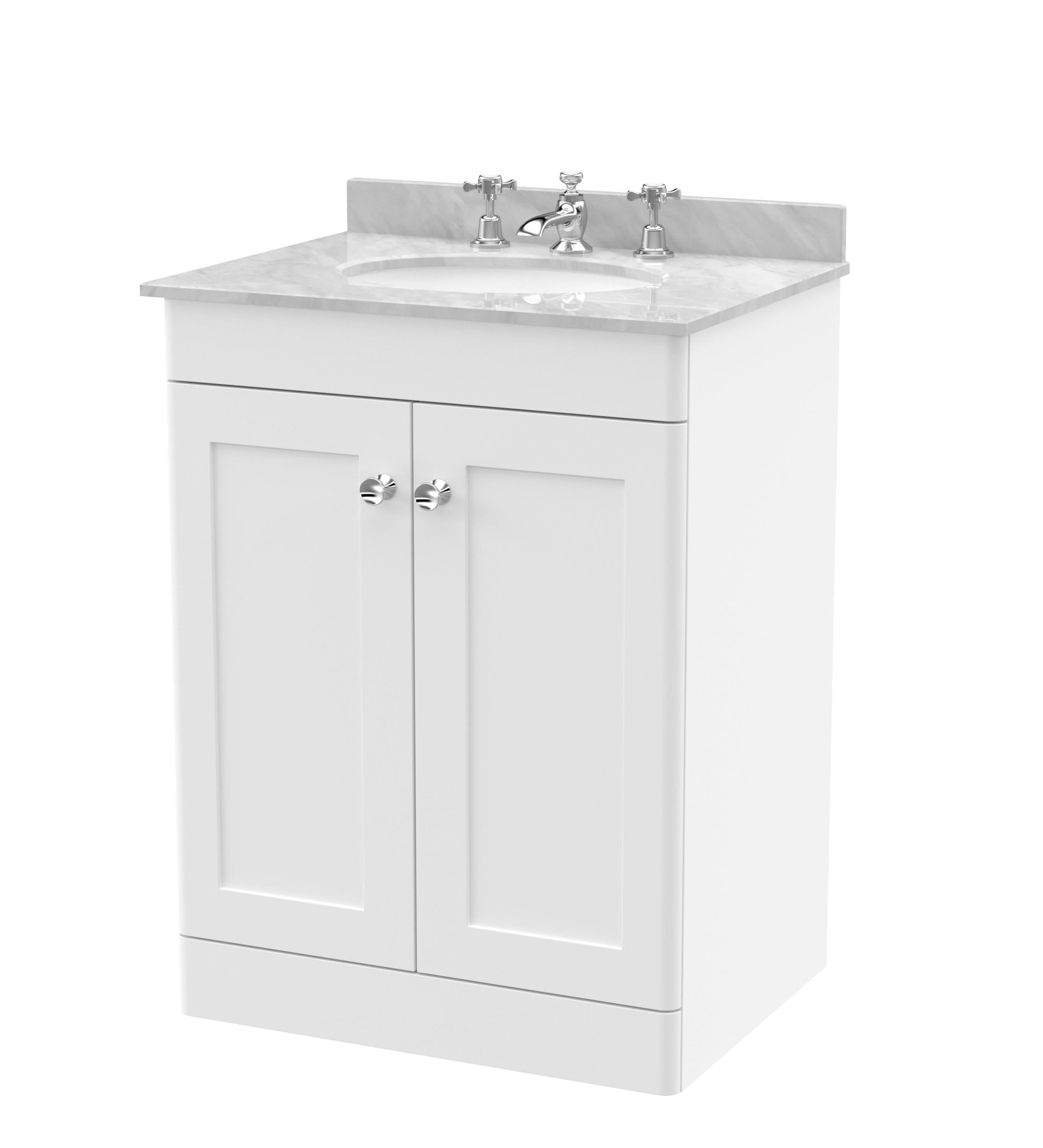 Nuie Classique Floor Standing 2 Door Vanity Unit & 3 Tap Hole Grey Marble Top with Oval Basin, Elegant Sink Vanity Unit in Satin White, 600mm