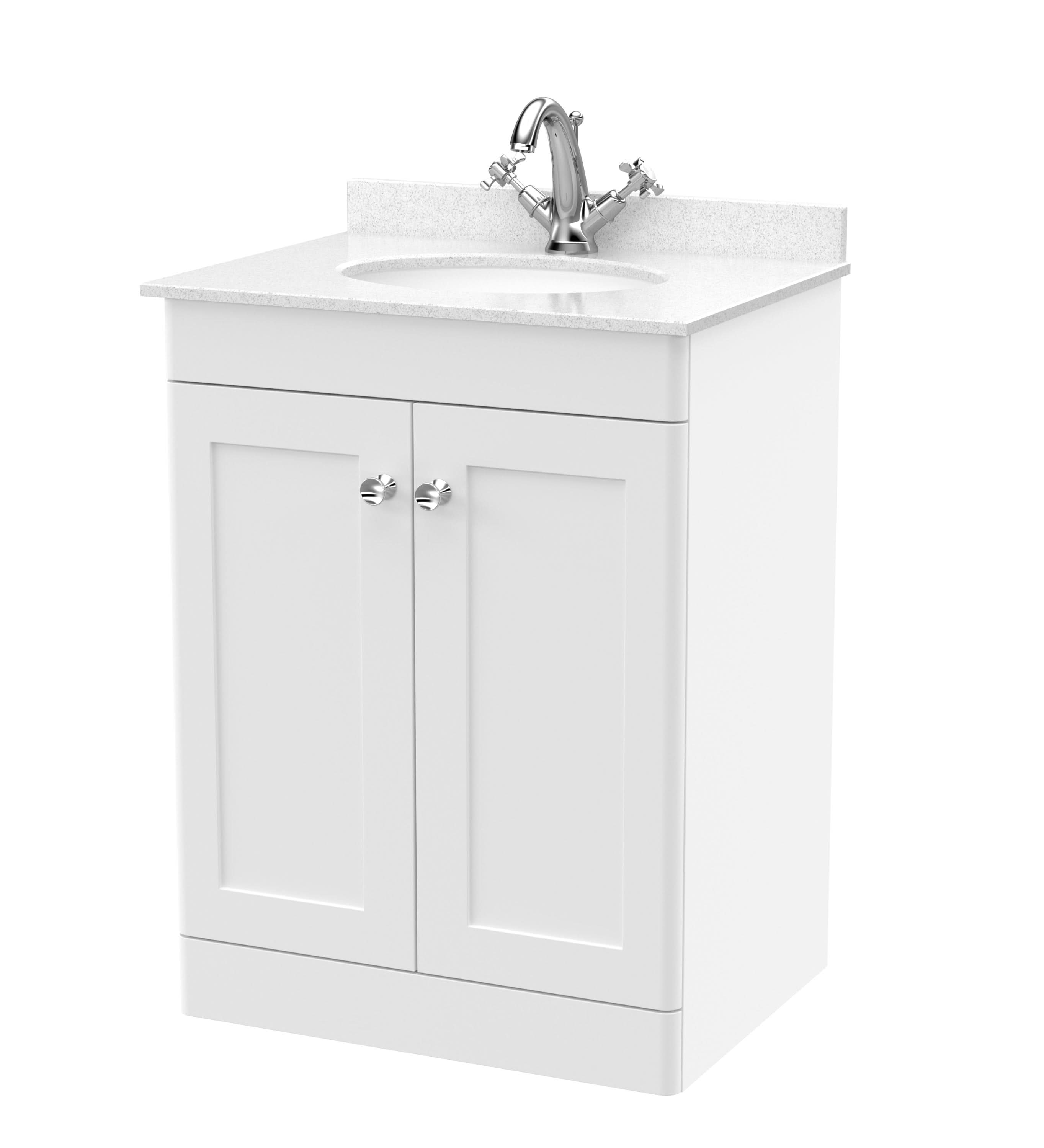 Nuie Classique Floor Standing 2 Door Vanity Unit & 1 Tap Hole White Marble Top with Oval Basin, Elegant Sink Vanity Unit in Satin White, 600mm