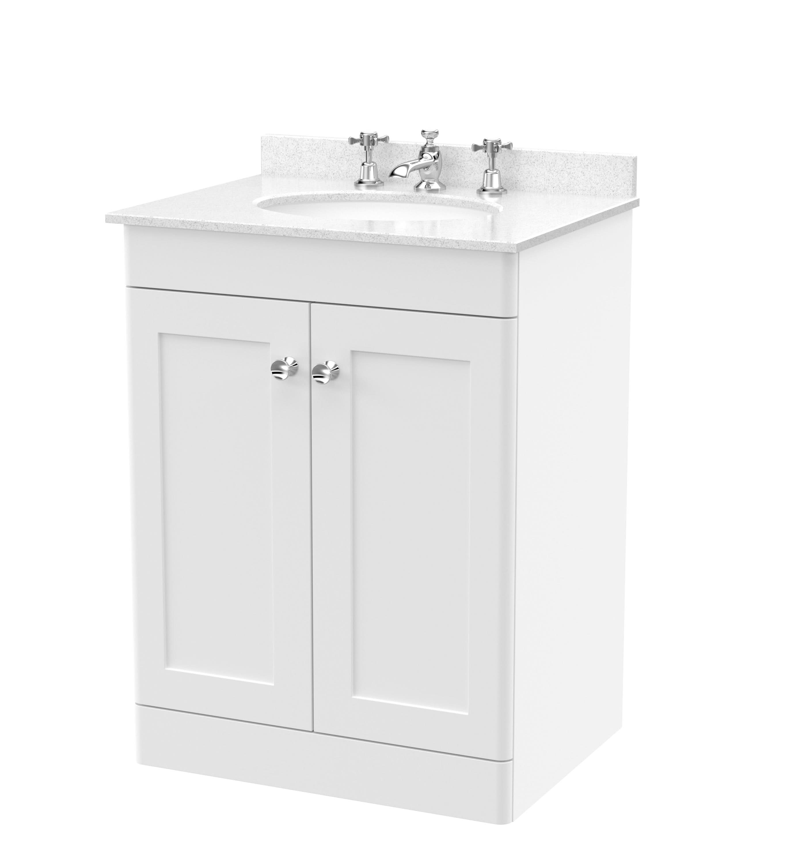 Nuie Classique Floor Standing 2 Door Vanity Unit & 3 Tap Hole Marble Top with Oval Basin, Elegant Sink Vanity Unit in Satin White, 600mm