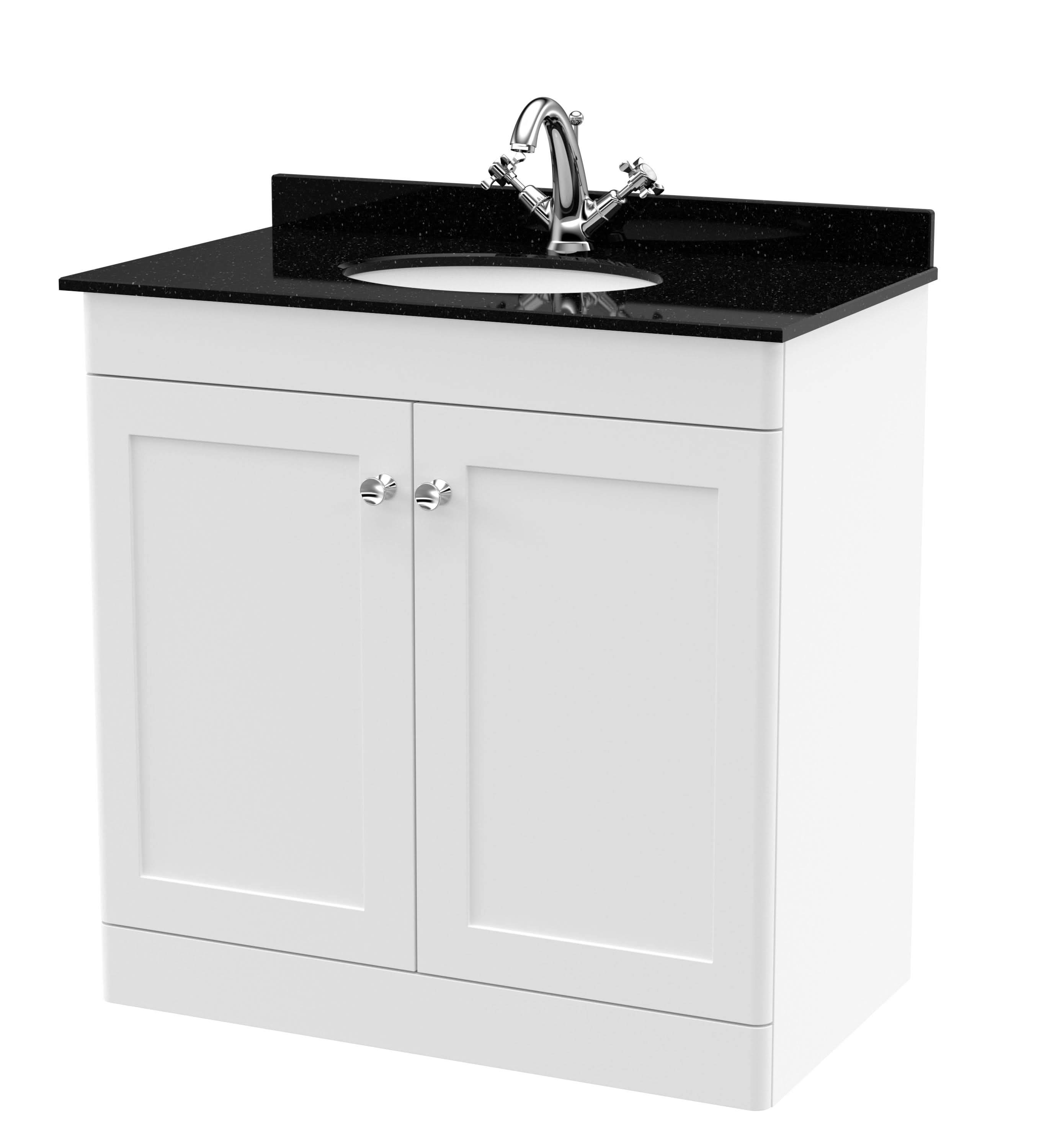 Nuie Classique Floor Standing 2 Door Vanity Unit & 1 Tap Hole Black Marble Top with Oval Basin, Elegant Sink Vanity Unit in Satin White, 800mm