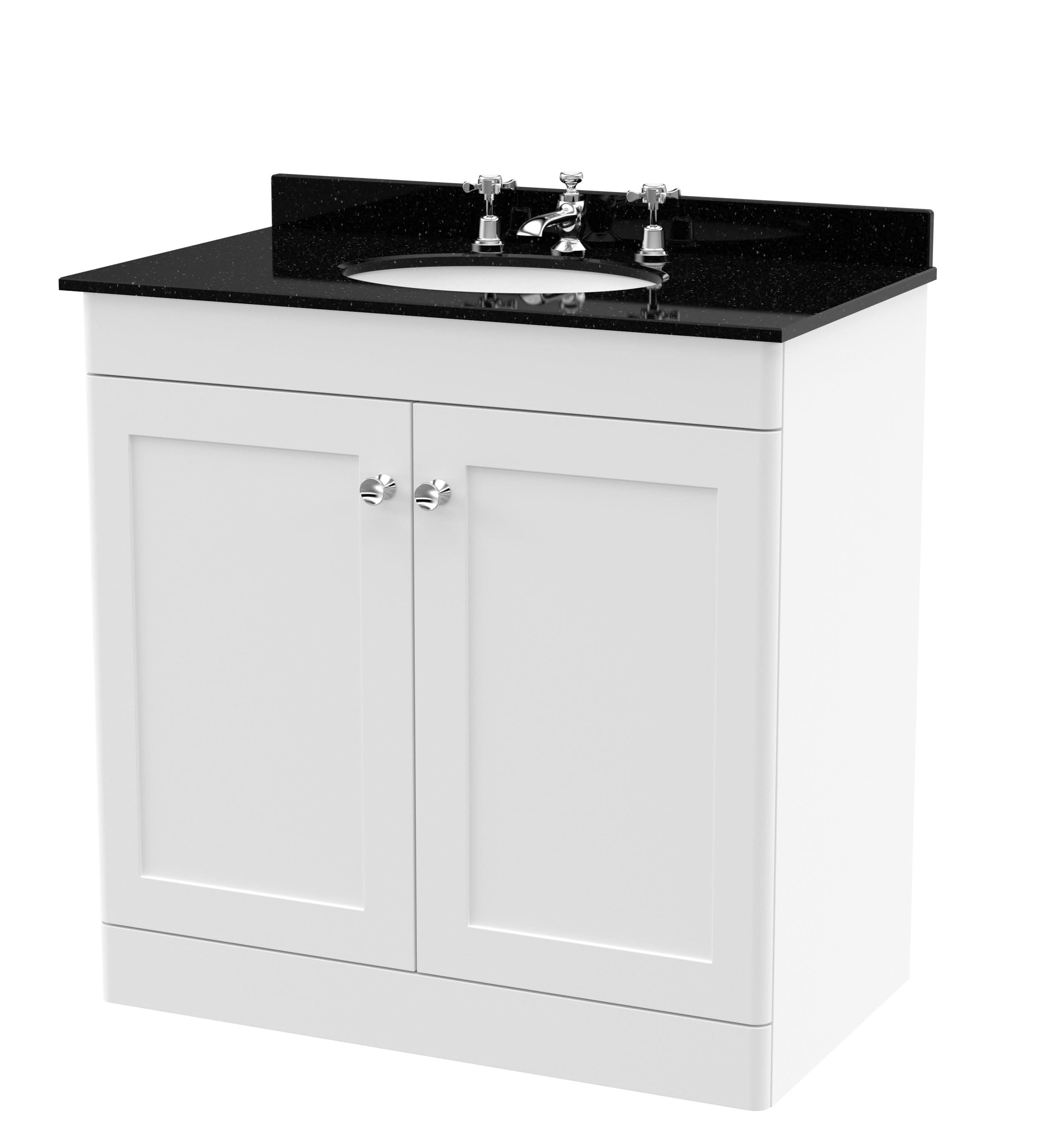 Nuie Classique Floor Standing 2 Door Vanity Unit & 3 Tap Hole Black Marble Top with Oval Basin, Elegant Sink Vanity Unit in Satin White, 800mm
