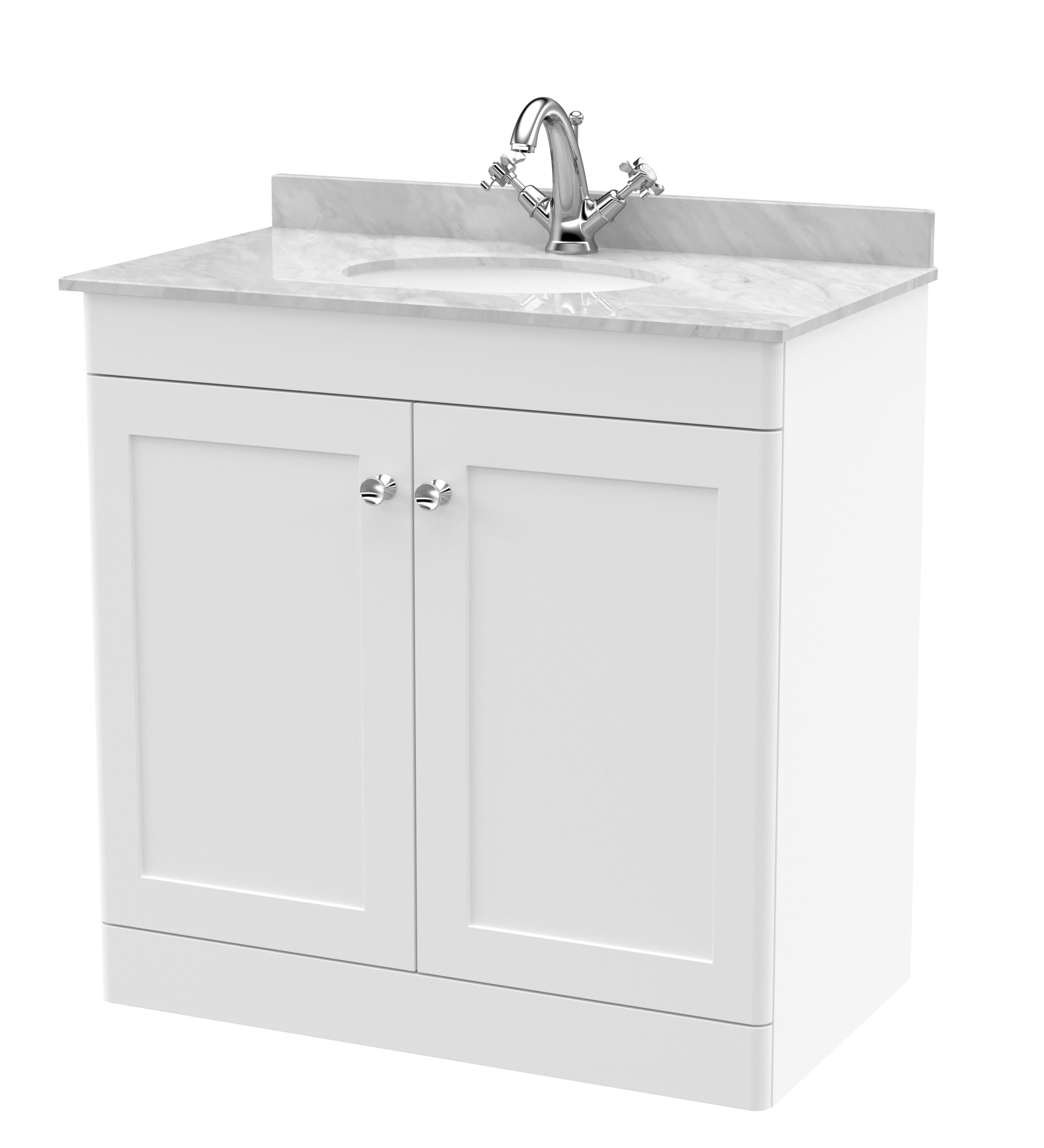 Nuie Classique Floor Standing 2 Door Vanity Unit & 1 Tap Hole Grey Marble Top with Oval Basin, Elegant Sink Vanity Unit in Satin White, 800mm