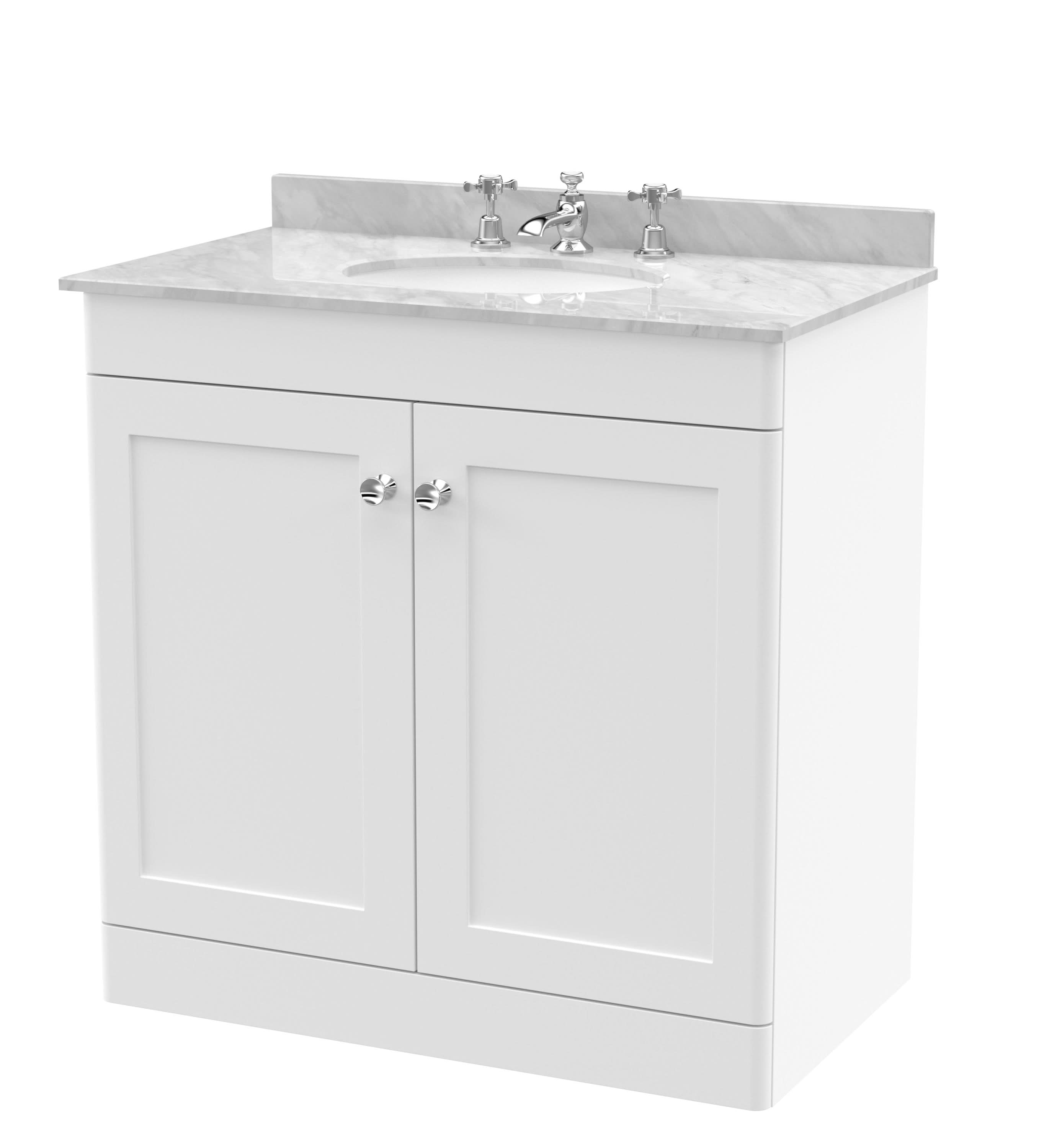 Nuie Classique Floor Standing 2 Door Vanity Unit & 3 Tap Hole Grey Marble Top with Oval Basin, Elegant Sink Vanity Unit in Satin White, 800mm