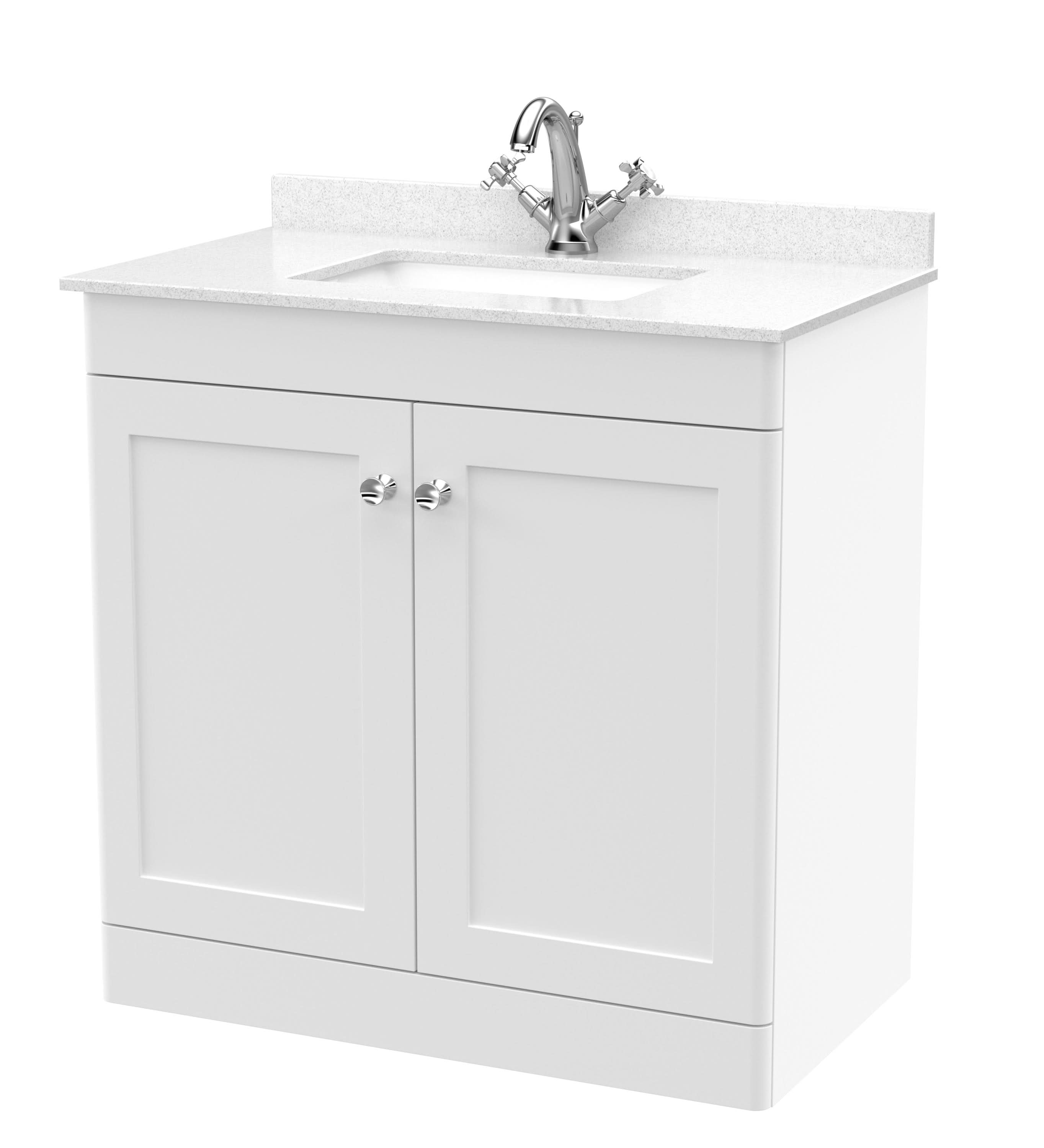 Nuie Classique Floor Standing 2 Door Vanity Unit & 1 Tap Hole White Marble Top with Square Basin, Elegant Sink Vanity Unit in Satin White, 800mm
