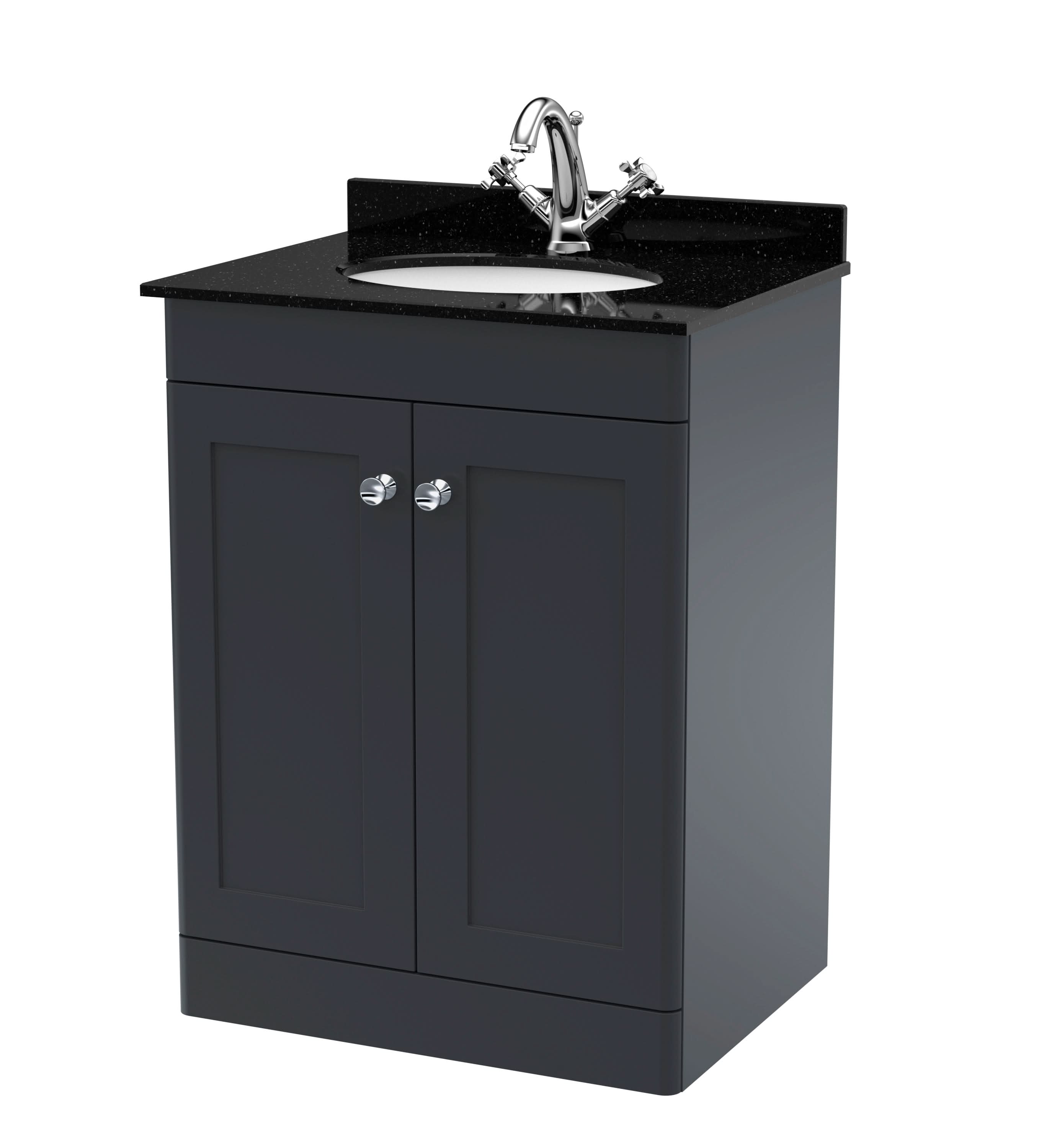 Nuie Classique Floor Standing 2 Door Unit & 1 Tap Hole Marble Top with Oval Basin, Sink Vanity Unit in Soft Black with Black Marble Top & White Basin, 600mm
