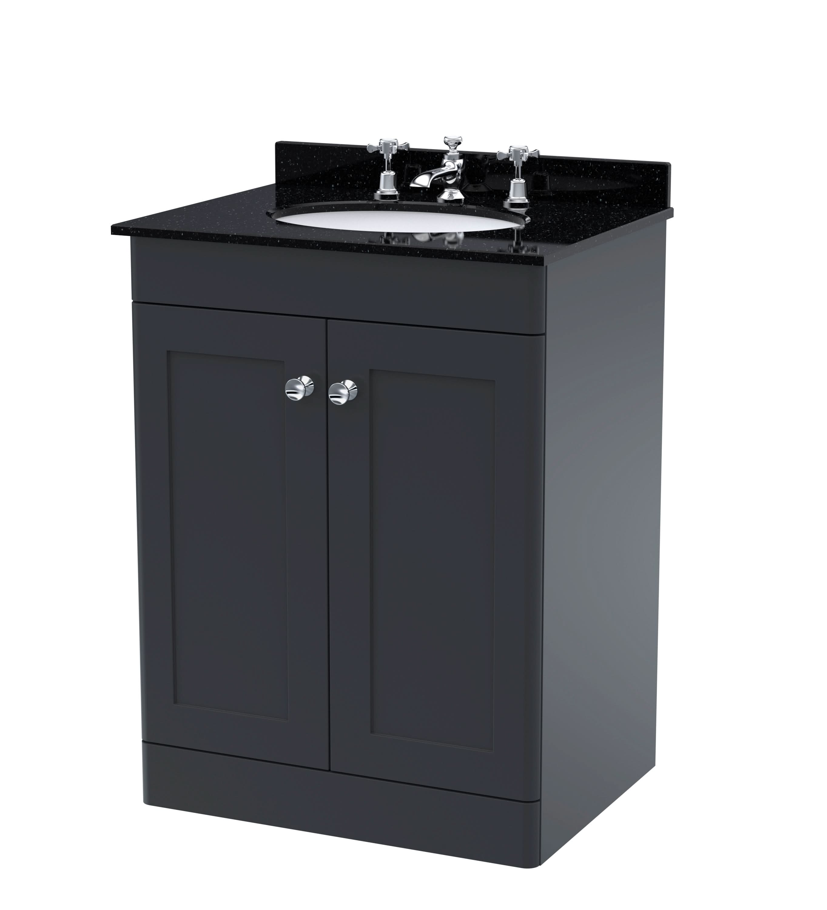 Nuie Classique Floor Standing 2 Door Unit & 3 Tap Hole Marble Top with Oval Basin, Sink Vanity Unit in Soft Black with Black Marble Top & White Basin, 600mm