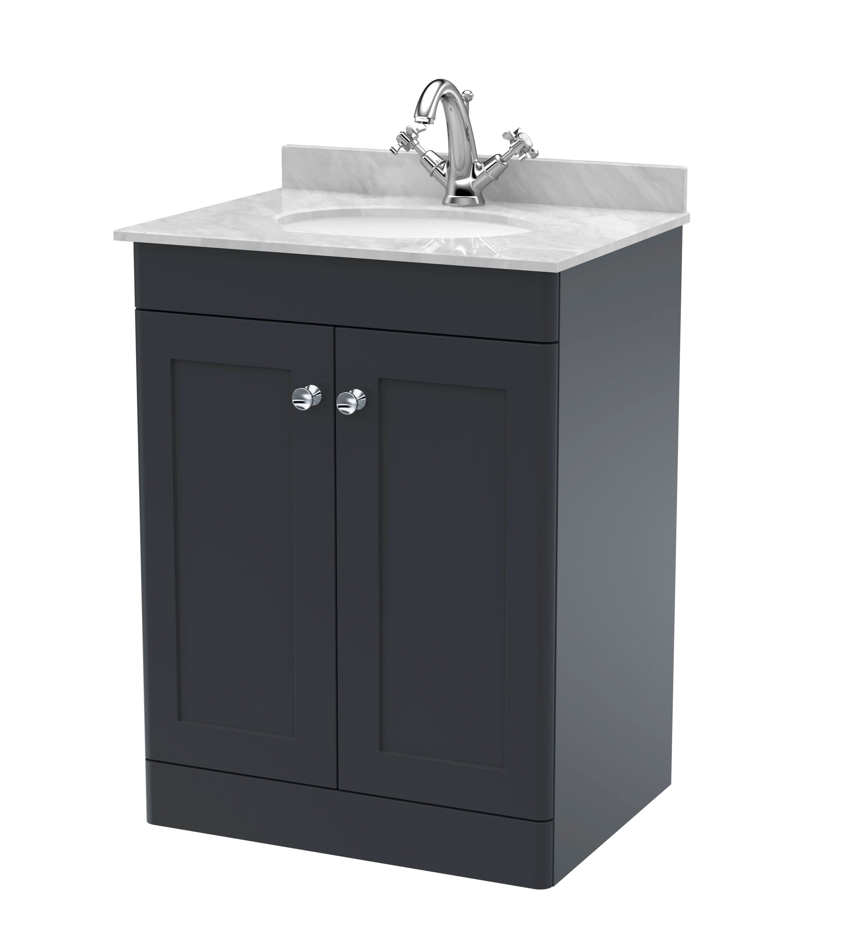 Nuie Classique Floor Standing 2 Door Unit & 1 Tap Hole Marble Top with Oval Basin, Sink Vanity Unit in Soft Black with Grey Marble Top & White Basin, 600mm