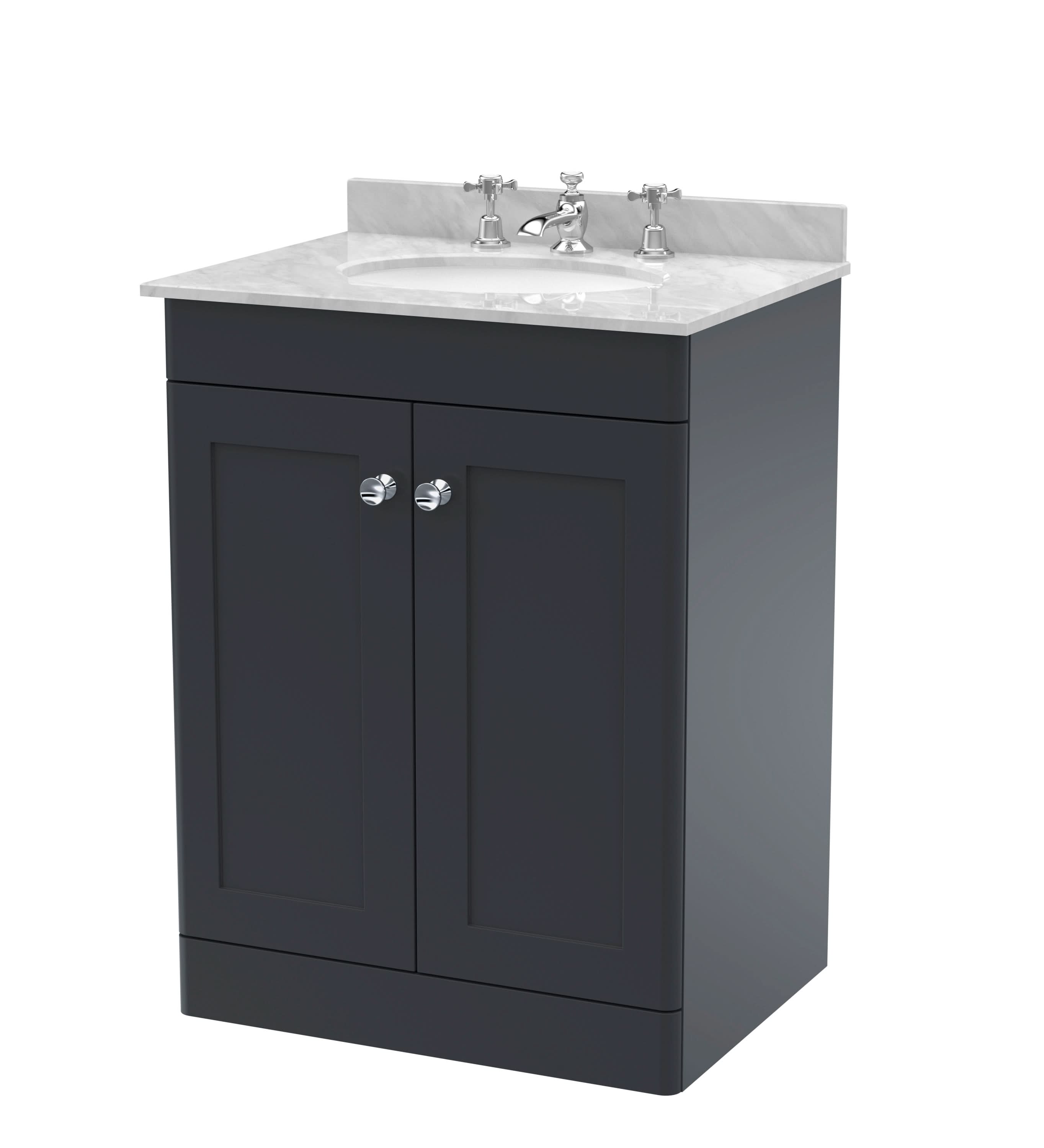 Nuie Classique Floor Standing 2 Door Unit & 3 Tap Hole Marble Top with Oval Basin, Sink Vanity Unit in Soft Black with Grey Marble Top & White Basin, 600mm