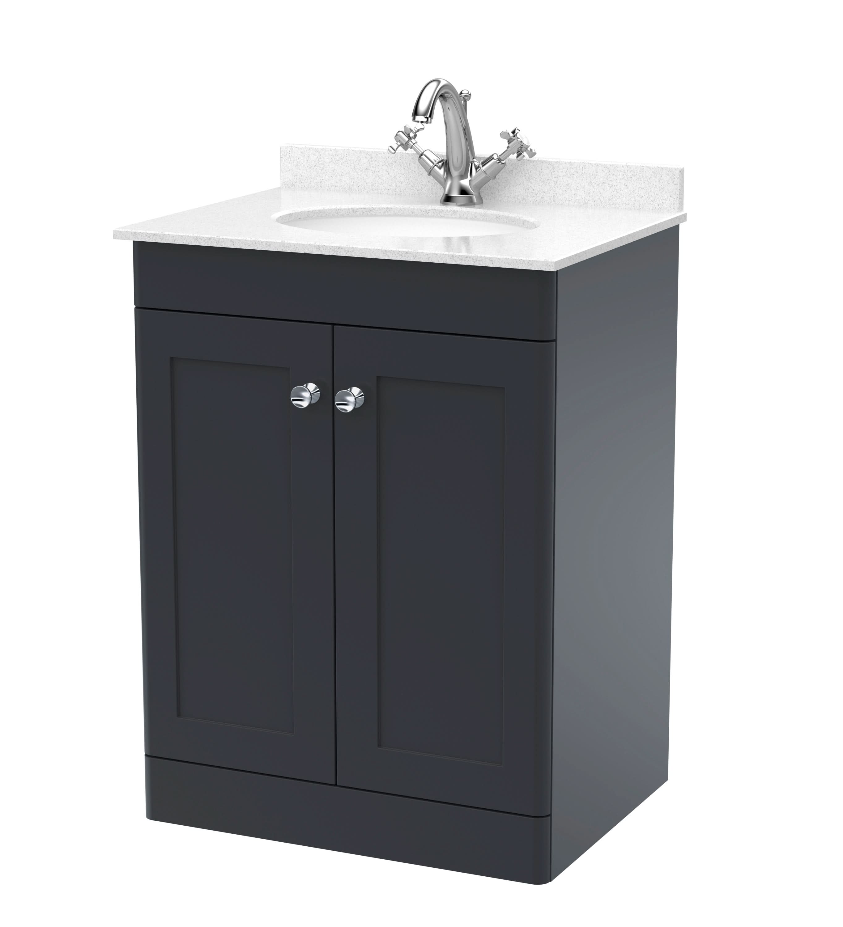 Nuie Classique Floor Standing 2 Door Unit & 1 Tap Hole Marble Top with Oval Basin, Sink Vanity Unit in Soft Black with White Marble Top & White Basin, 600mm
