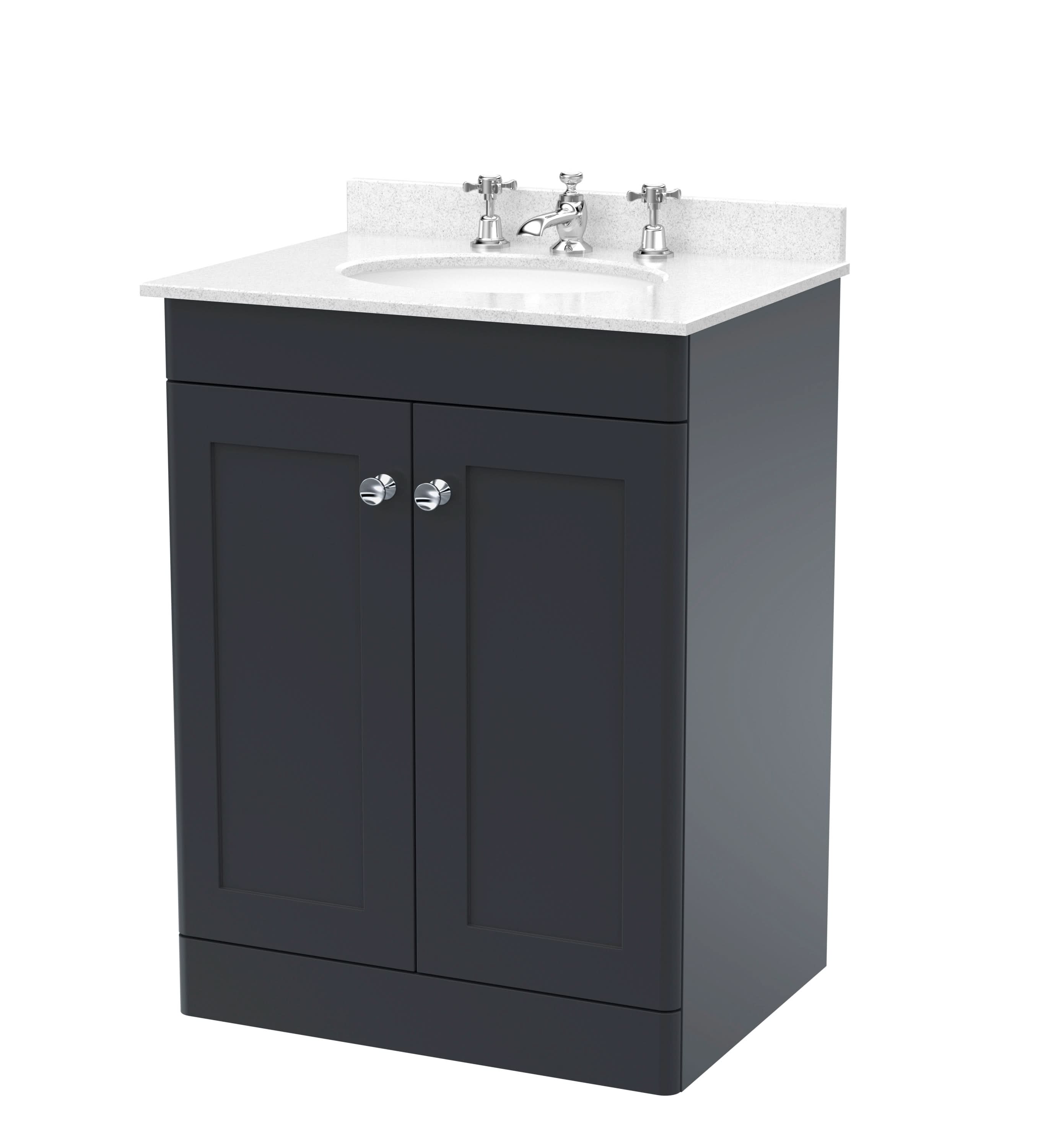 Nuie Classique Floor Standing 2 Door Unit & 3 Tap Hole Marble Top with Oval Basin, Sink Vanity Unit in Soft Black with White Marble Top & White Basin, 600mm