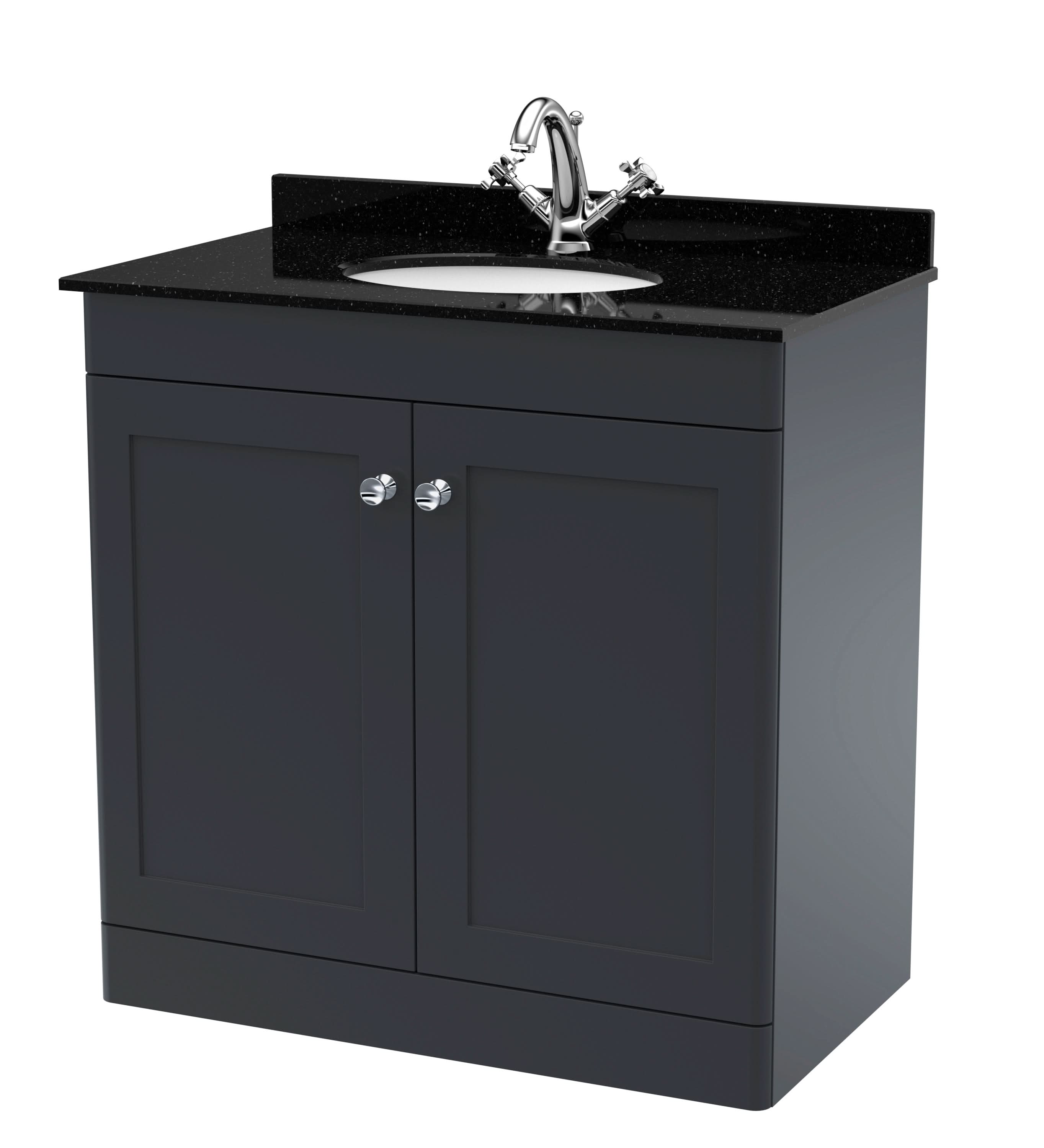 Nuie Classique Floor Standing 2 Door Unit & 1 Tap Hole Marble Top with Oval Basin, Sink Vanity Unit in Soft Black with Black Marble Top & White Basin, 600mm