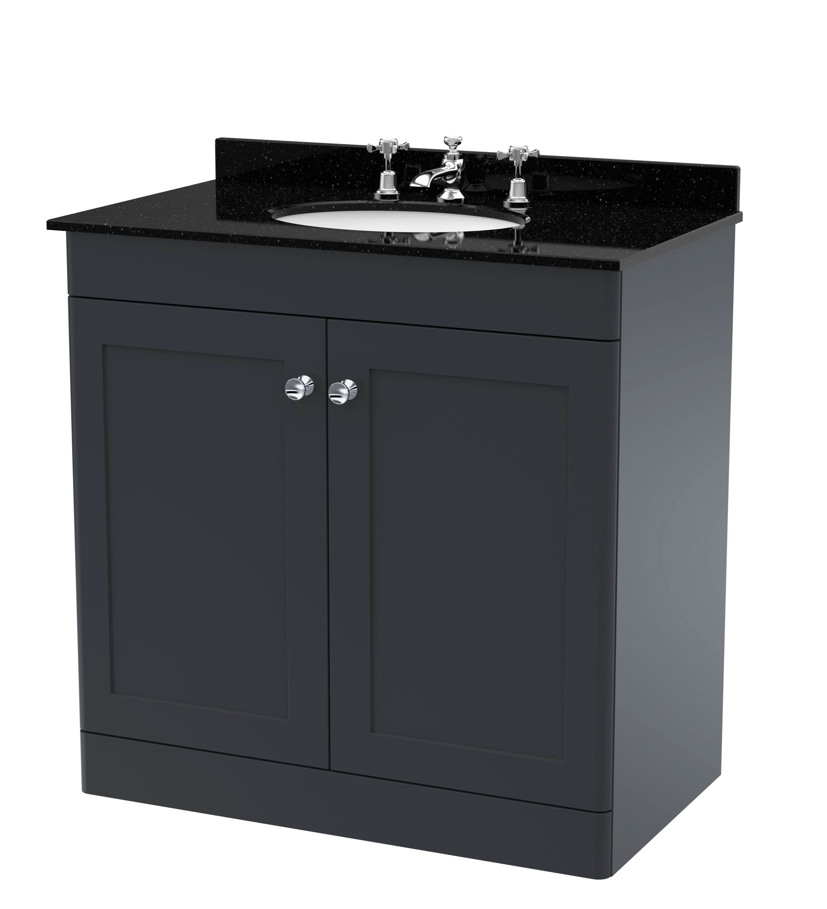Nuie Classique Floor Standing 2 Door Unit & 3 Tap Hole Marble Top with Oval Basin, Sink Vanity Unit in Soft Black with Black Marble Top & White Basin, 600mm