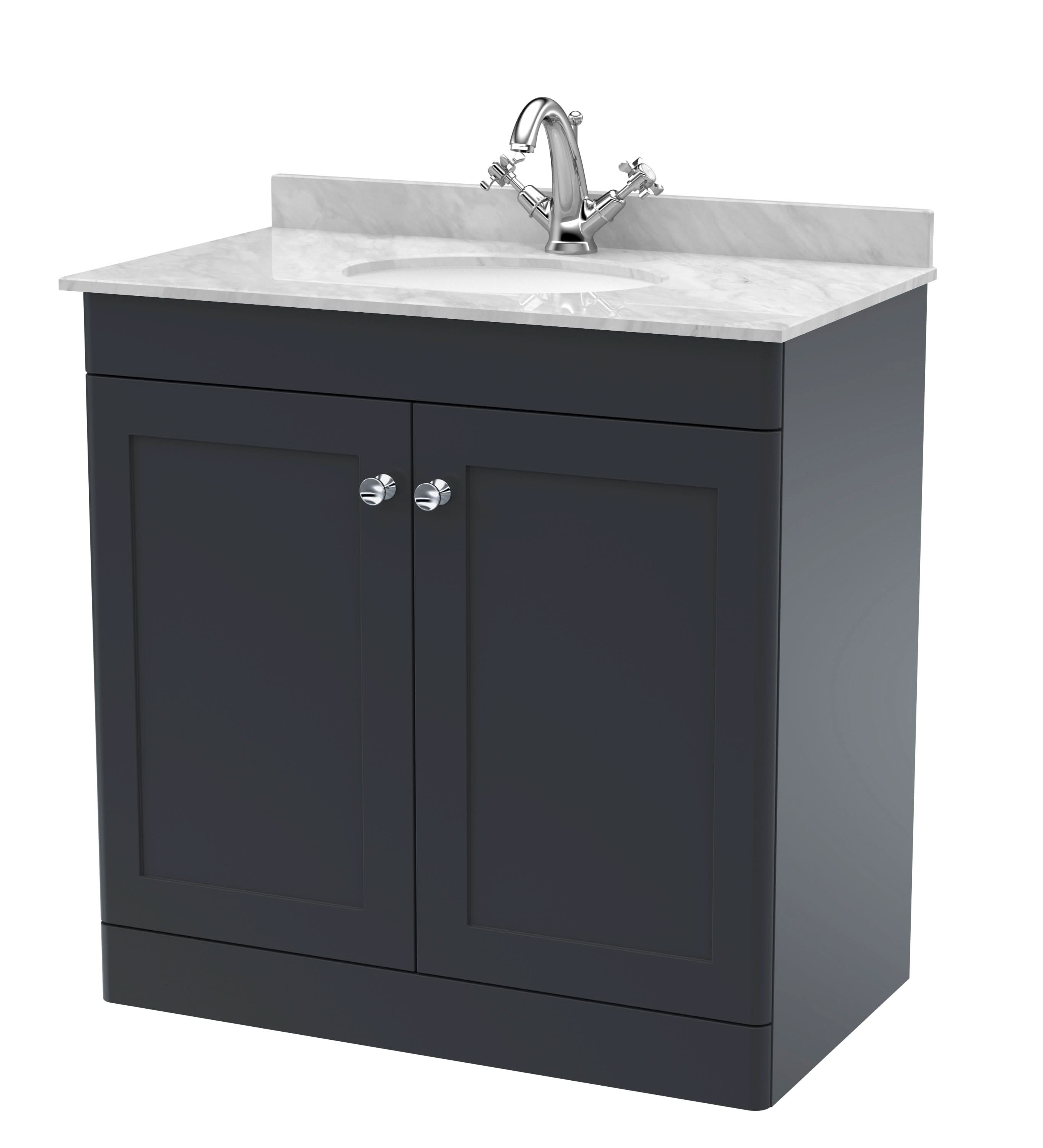 Nuie Classique Floor Standing 2 Door Unit & 1 Tap Hole Marble Top with Oval Basin, Sink Vanity Unit in Soft Black with Grey Marble Top & White Basin, 800mm