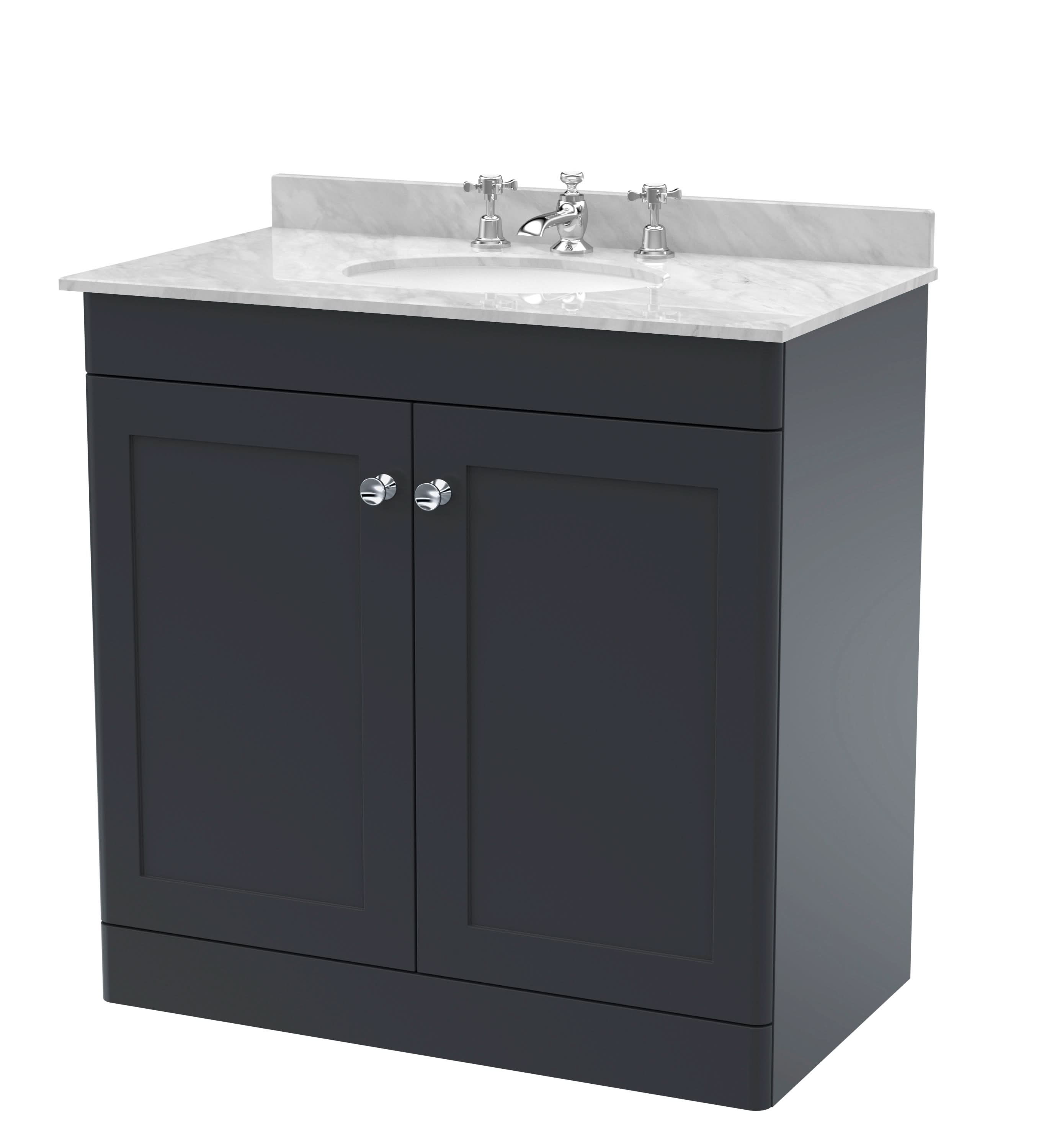 Nuie Classique Floor Standing 2 Door Unit & 3 Tap Hole Marble Top with Oval Basin, Sink Vanity Unit in Soft Black with Grey Marble Top & White Basin, 800mm