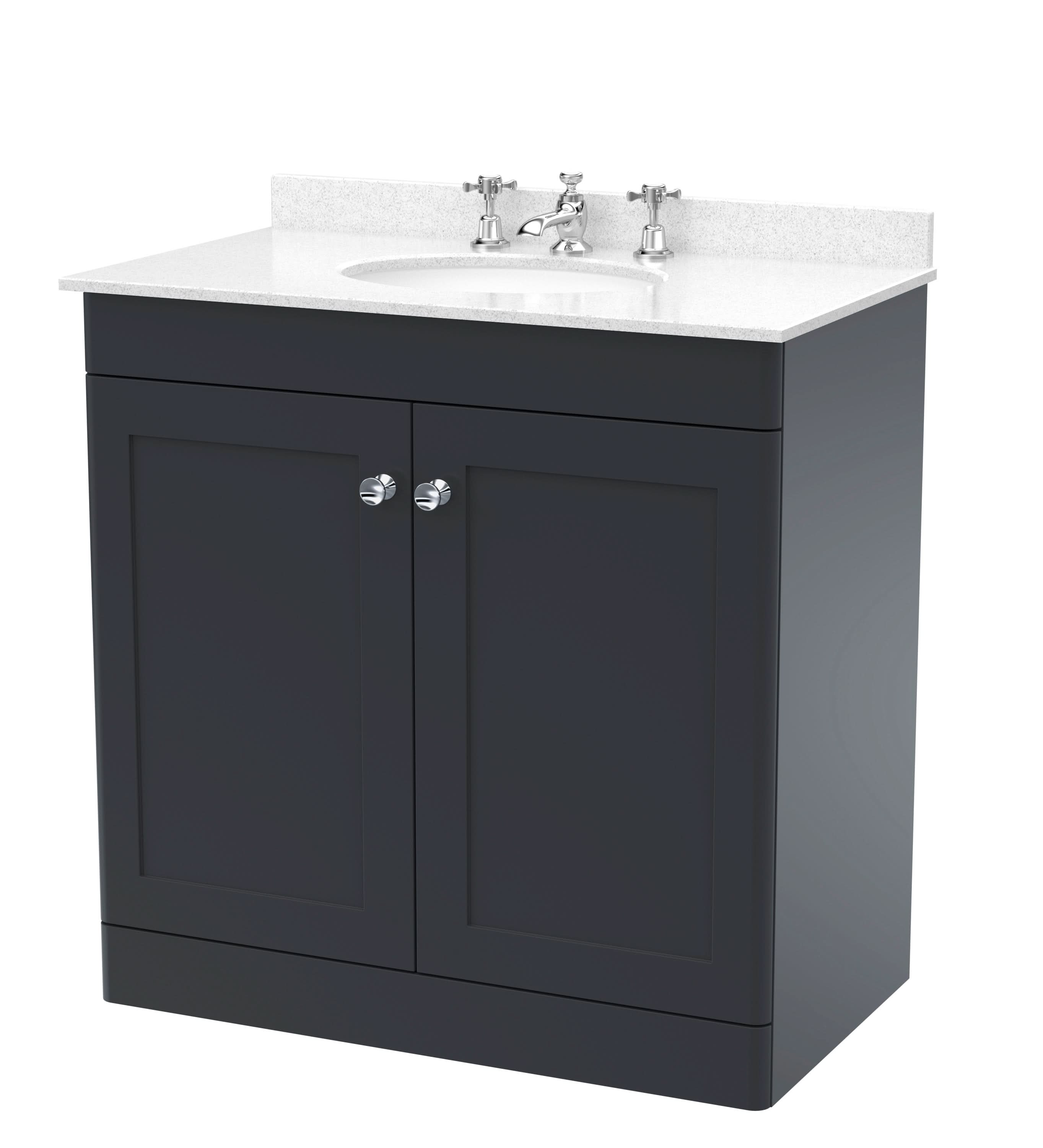 Nuie Classique Floor Standing 2 Door Unit & 3 Tap Hole White Marble Top with Oval Basin, Sink Vanity Unit in Soft Black with White Basin, 800mm