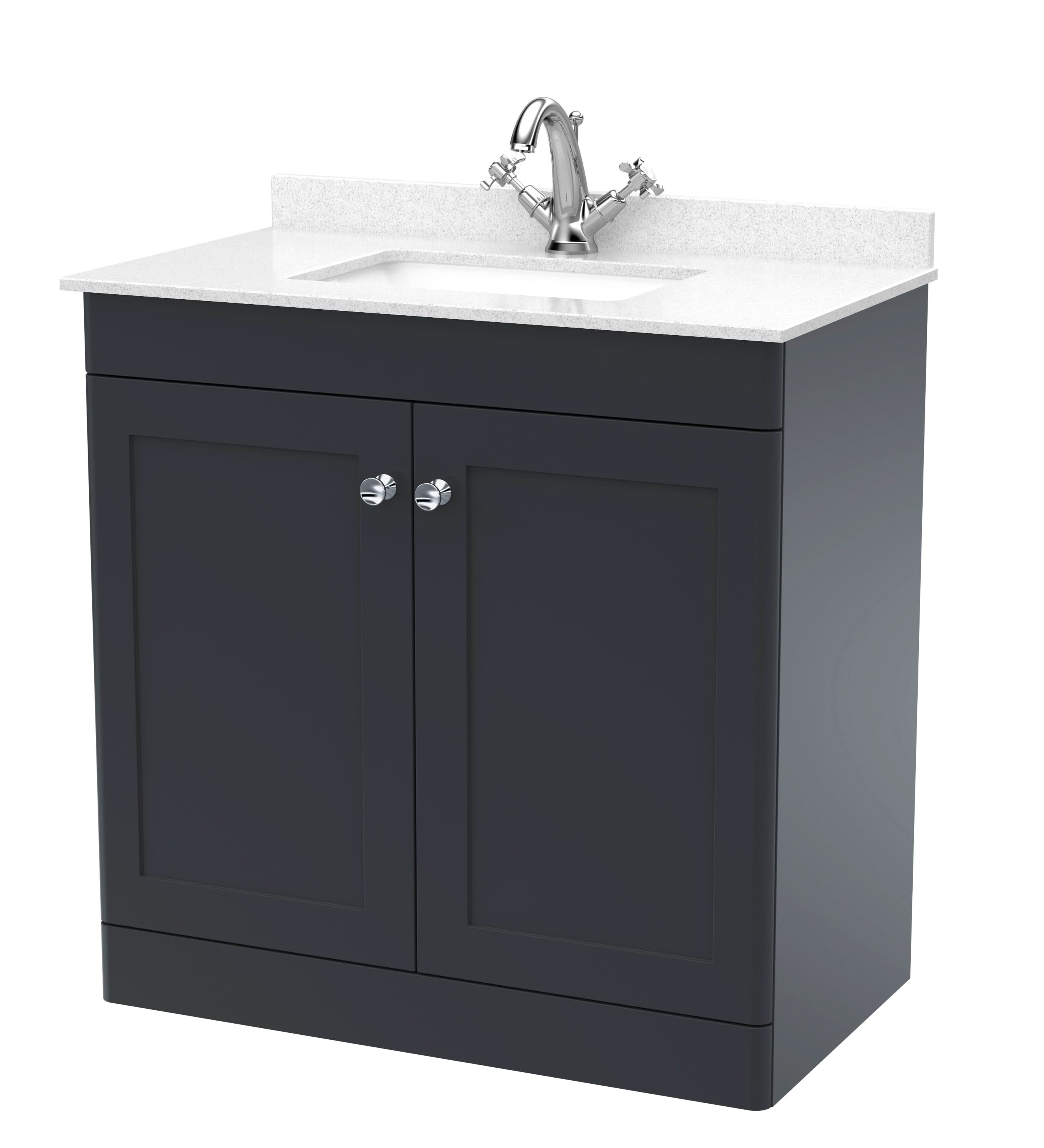 Nuie Classique Floor Standing 2 Door Unit & 1 Tap Hole White Marble Top with Square Basin, Sink Vanity Unit in Soft Black with White Basin, 800mm