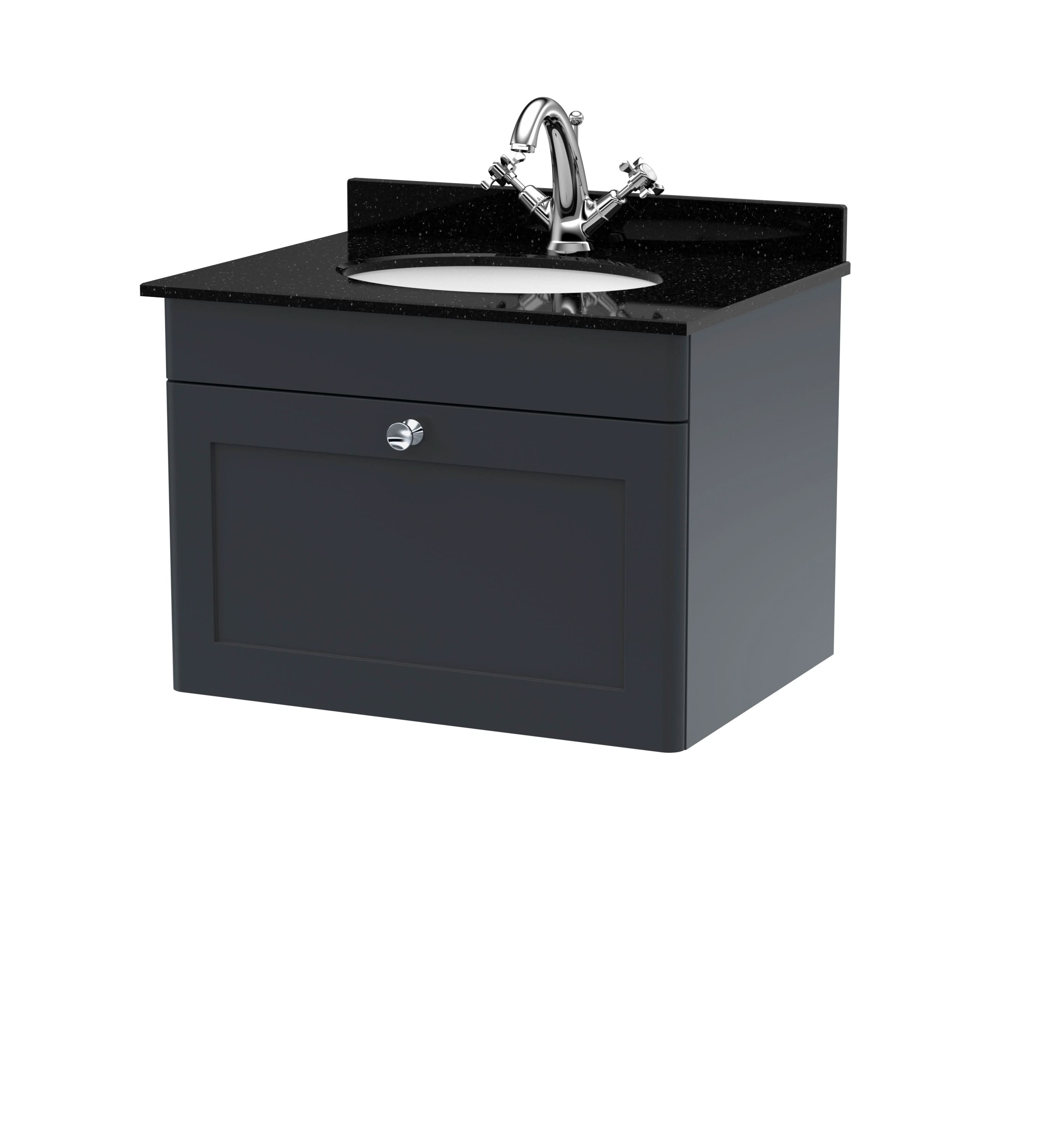 Nuie Classique Wall Hung 1 Drawer Unit & 1 Tap Hole Black Marble Top with Oval Basin, Sink Vanity Unit in Soft Black with White Basin, 600mm