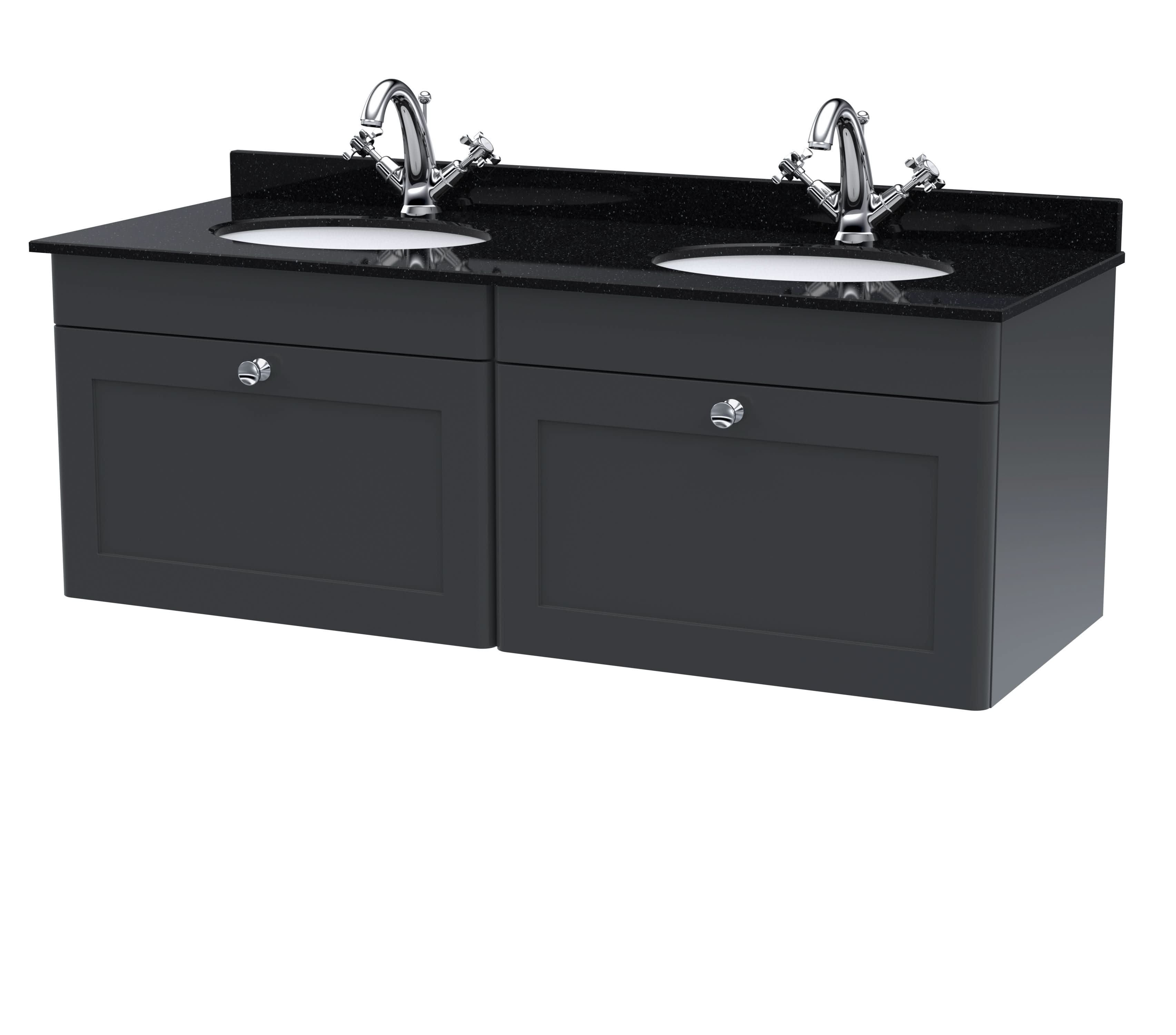Nuie Classique Wall Hung 2 Drawer Unit & 1 Tap Hole Black Marble Top with Oval Basin, Sink Vanity Unit in Soft Black with White Basin, 1200mm