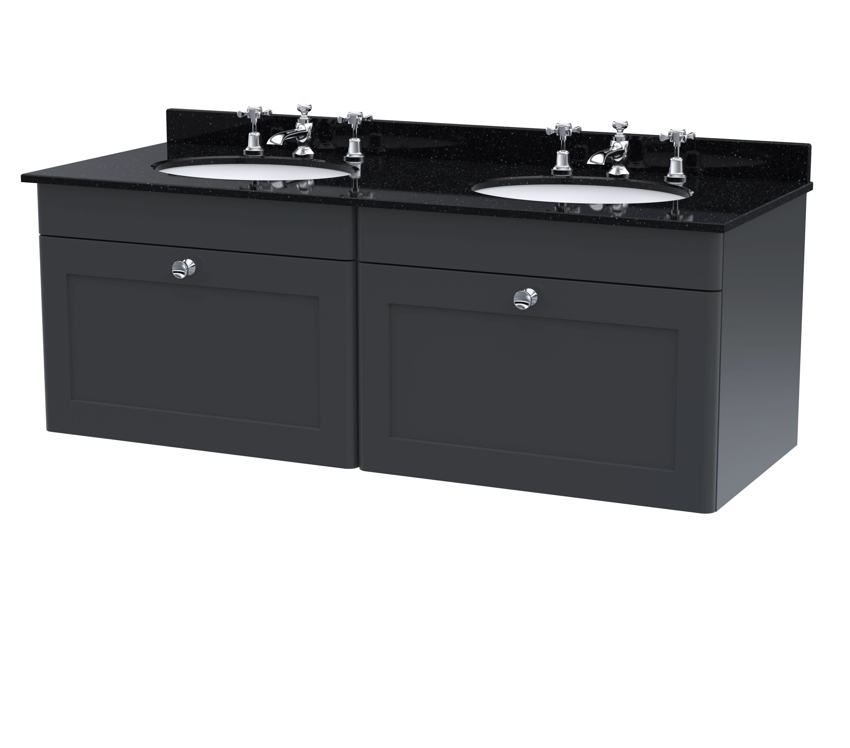 Nuie Classique Wall Hung 2 Drawer Unit & 3 Tap Hole Black Marble Top with Oval Basin, Sink Vanity Unit in Soft Black with White Basin, 1200mm