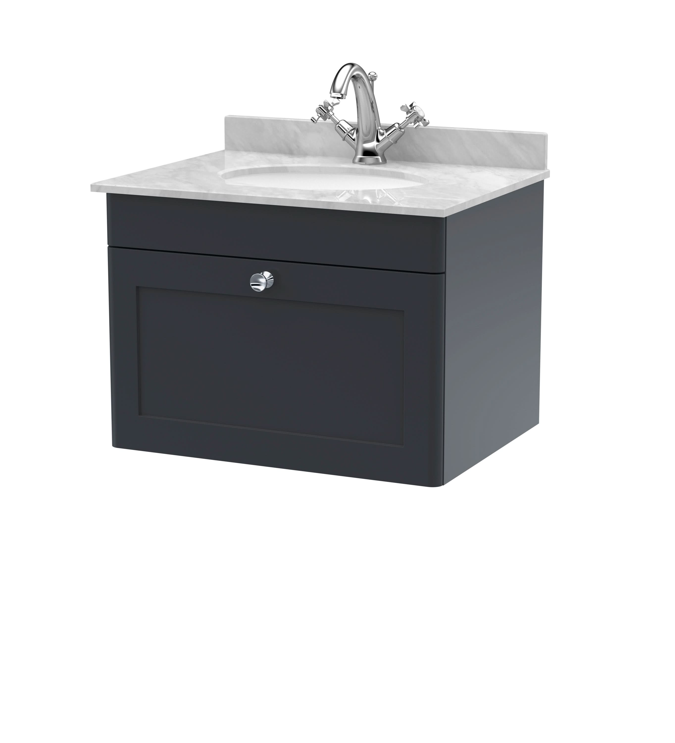 Nuie Classique Wall Hung 1 Drawer Unit & 1 Tap Hole Grey Marble Top with Oval Basin, Sink Vanity Unit in Soft Black with White Basin, 600mm