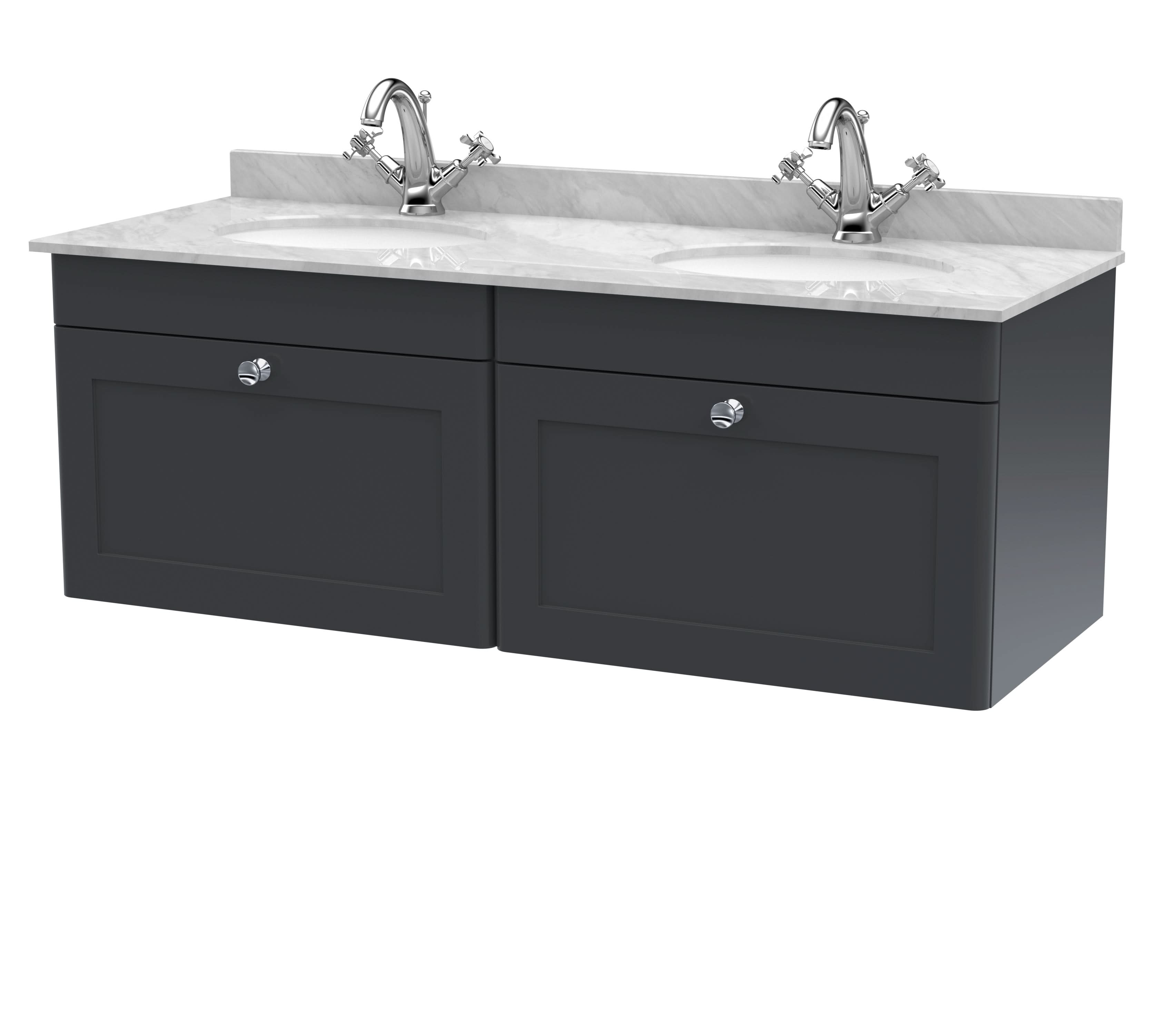 Nuie Classique Wall Hung 2 Drawer Unit & 1 Tap Hole Grey Marble Top with Oval Basin, Sink Vanity Unit in Soft Black with White Basin, 1200mm