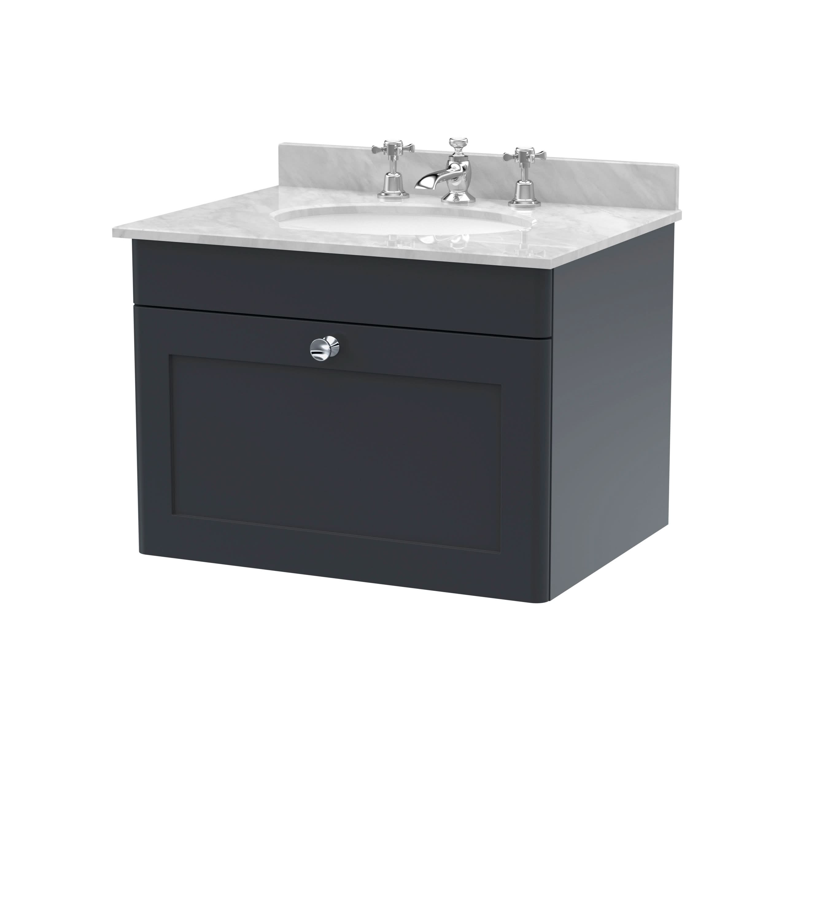 Nuie Classique Wall Hung 1 Drawer Unit & 3 Tap Hole Grey Marble Top with Oval Basin, Sink Vanity Unit in Soft Black with White Basin, 600mm