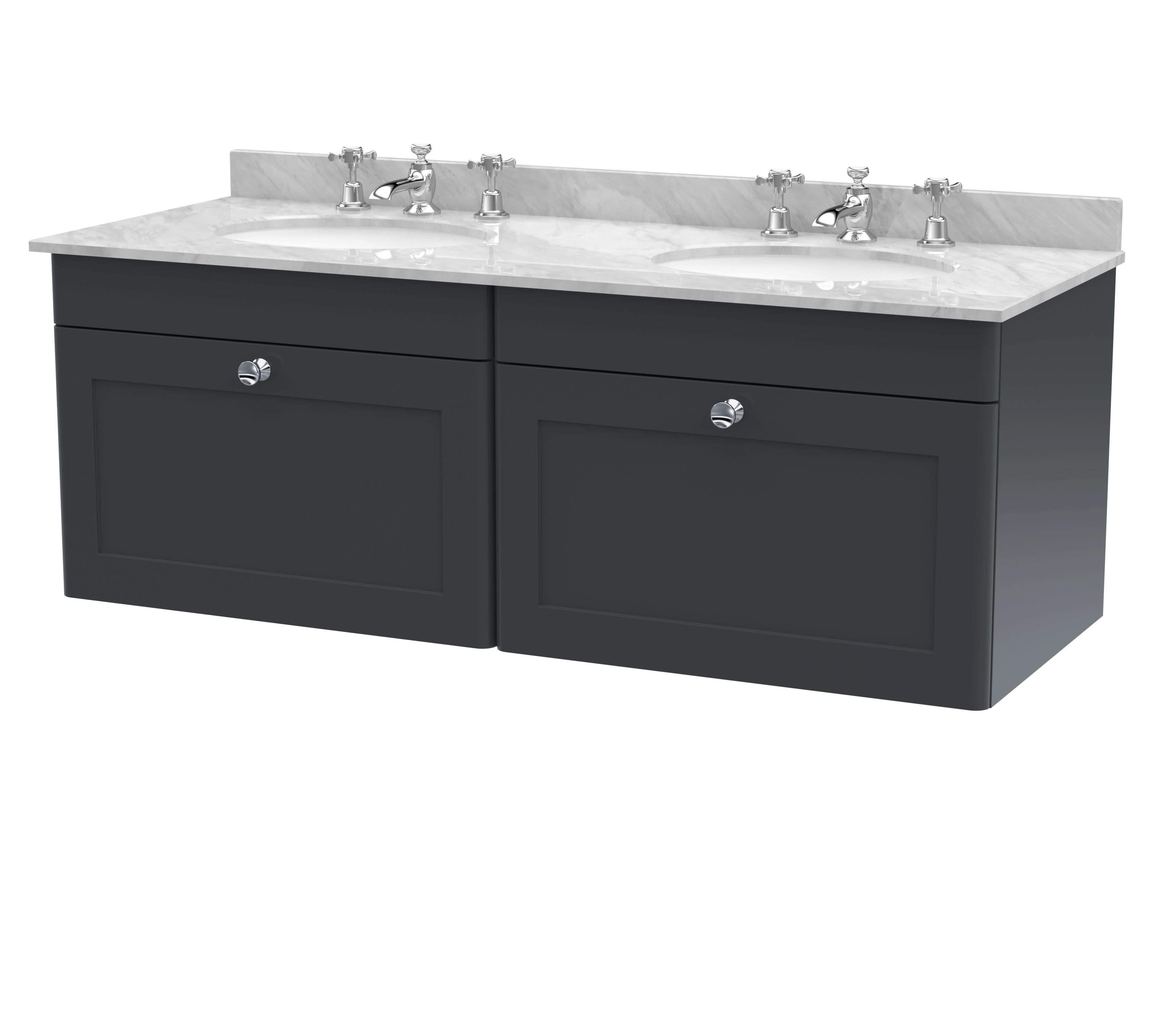 Nuie Classique Wall Hung 2 Drawer Unit & 3 Tap Hole Grey Marble Top with Oval Basin, Sink Vanity Unit in Soft Black with White Basin, 1200mm