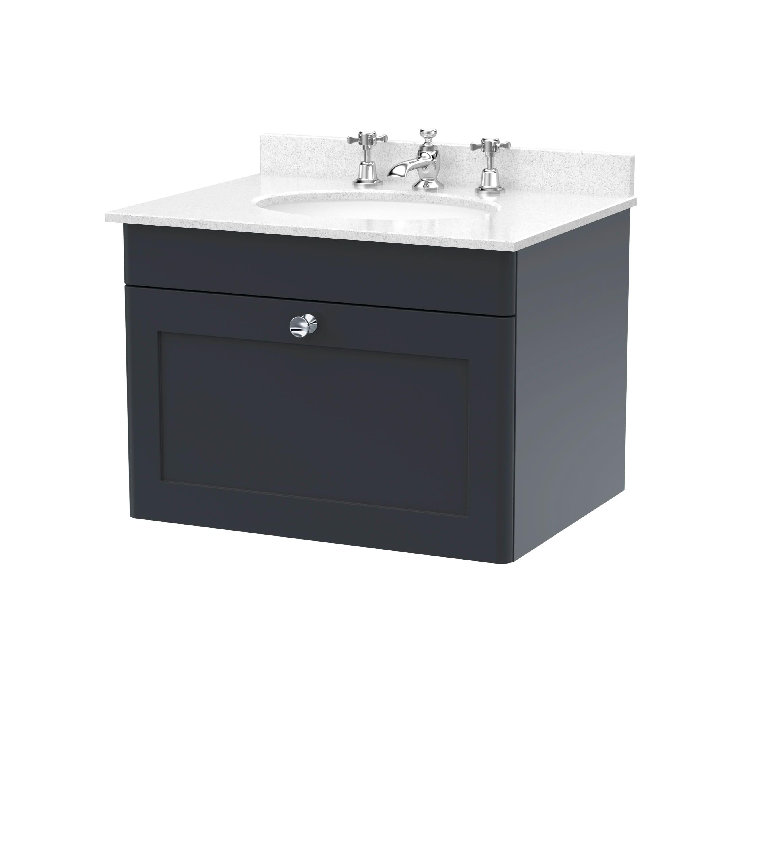 Nuie Classique Wall Hung 1 Drawer Unit & 3 Tap Hole White Marble Top with Oval Basin, Sink Vanity Unit in Soft Black with White Basin, 600mm