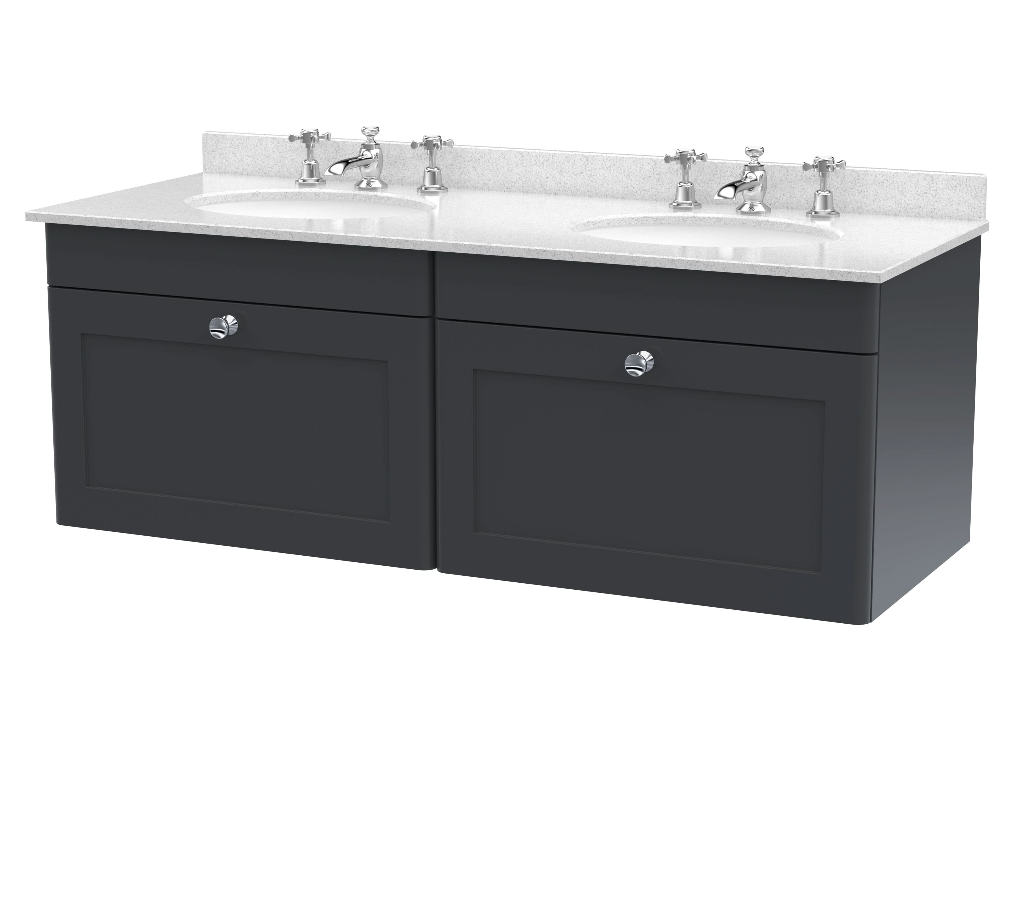 Nuie Classique Wall Hung 2 Drawer Unit & 3 Tap Hole White Marble Top with Oval Basin, Sink Vanity Unit in Soft Black with White Basin, 1200mm