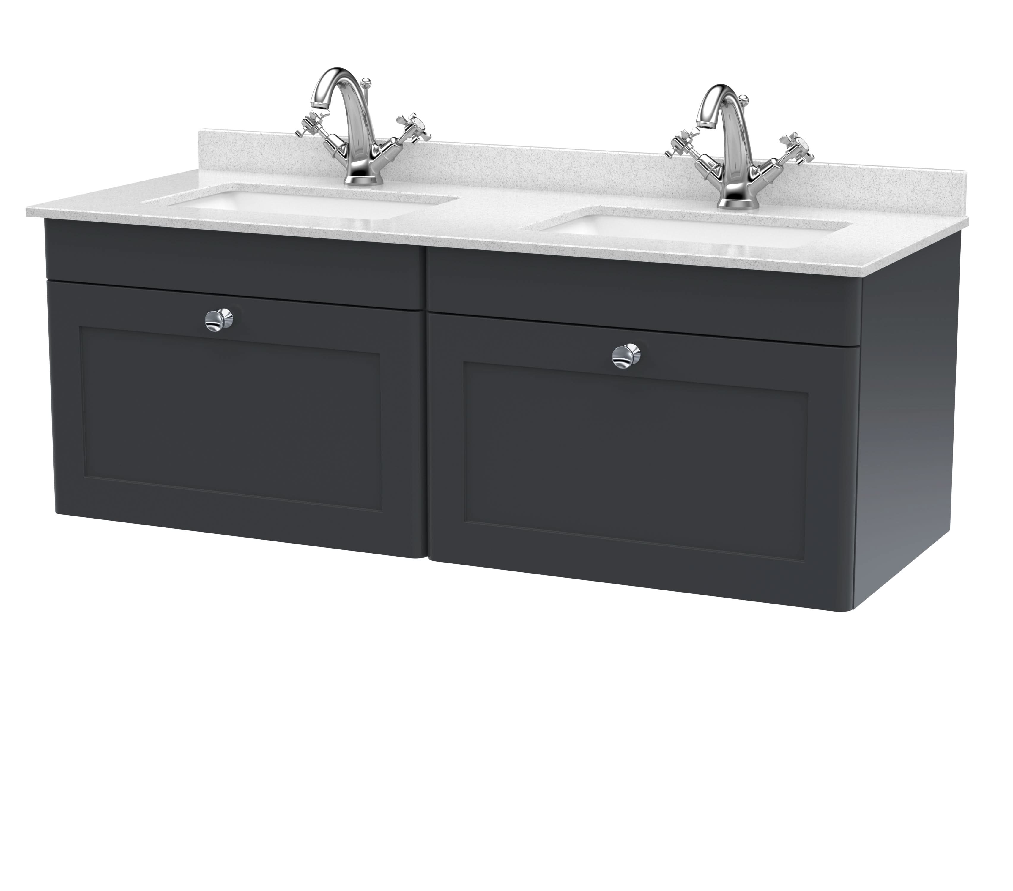 Nuie Classique Wall Hung 2 Drawer Unit & 1 Tap Hole White Marble Top with Square Basin, Sink Vanity Unit in Soft Black with White Basin, 1200mm