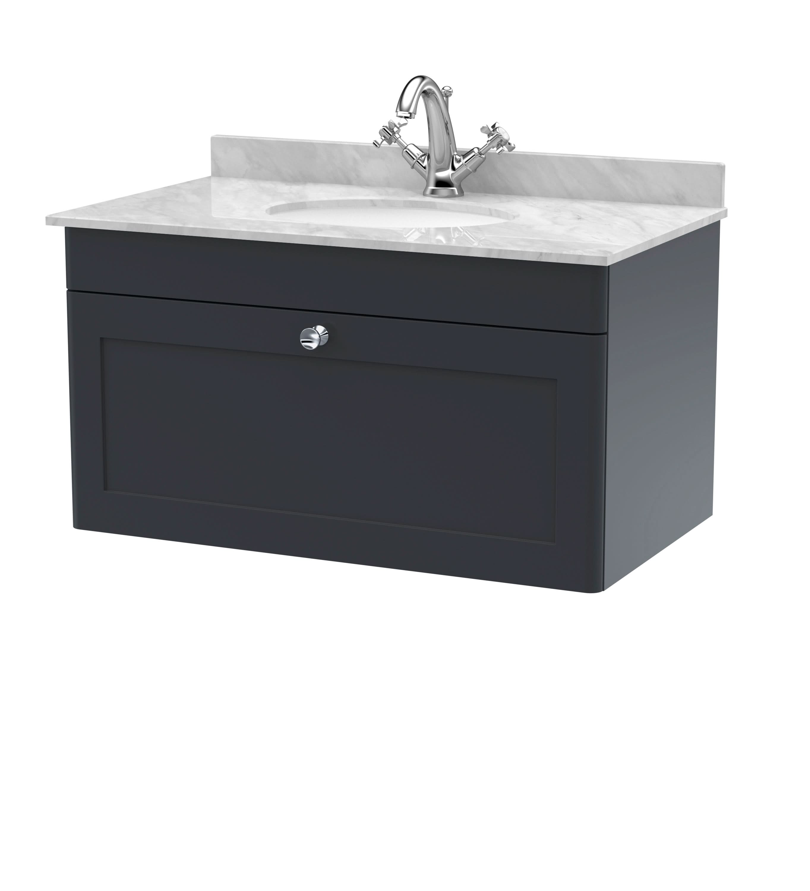 Nuie Classique Wall Hung 1 Drawer Unit & 1 Tap Hole Grey Marble Top with Oval Basin, Sink Vanity Unit in Soft Black with White Basin, 800mm