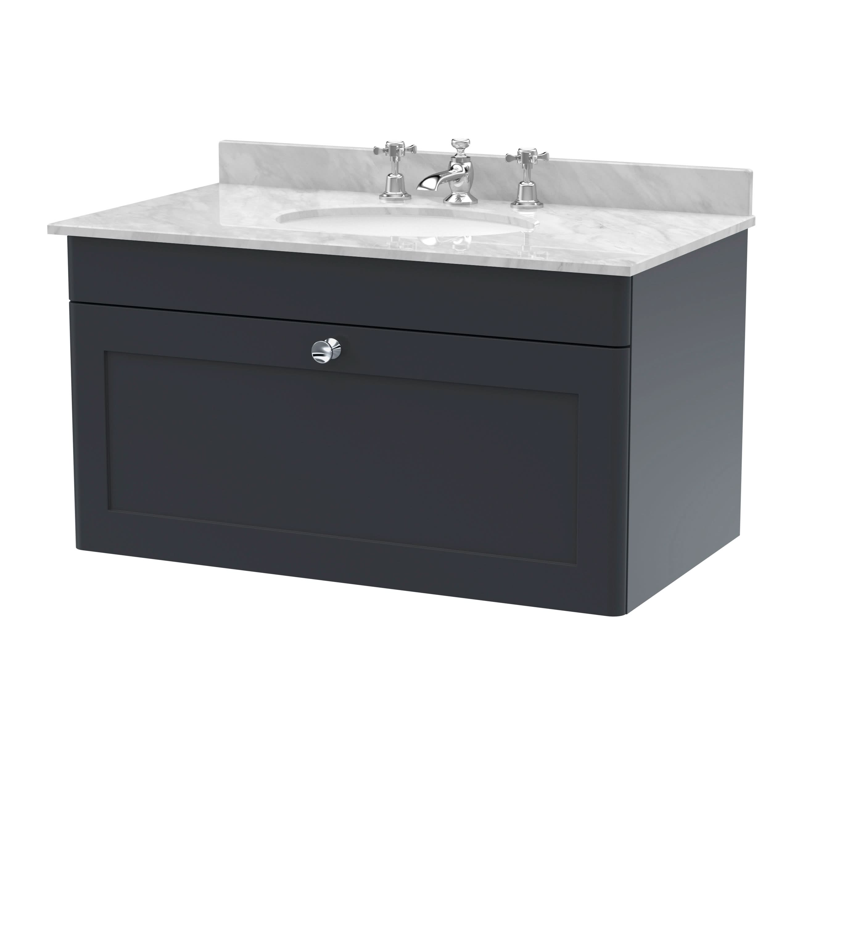 Nuie Classique Wall Hung 1 Drawer Unit & 1 Tap Hole Grey Marble Top with Oval Basin, Sink Vanity Unit in Soft Black with White Basin, 800mm