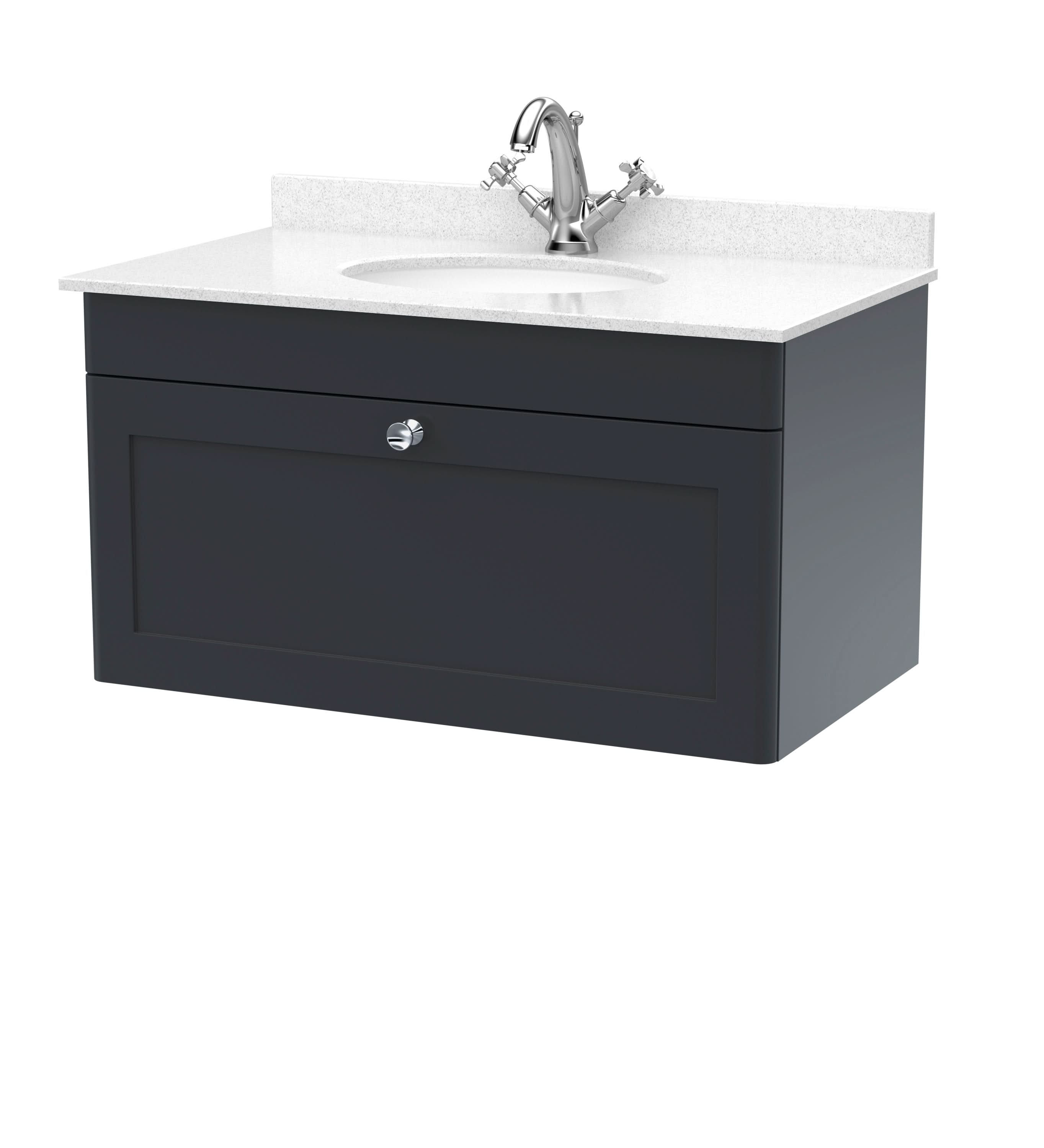 Nuie Classique Wall Hung 1 Drawer Unit & 1 Tap Hole White Marble Top with Oval Basin, Sink Vanity Unit in Soft Black with White Basin, 800mm