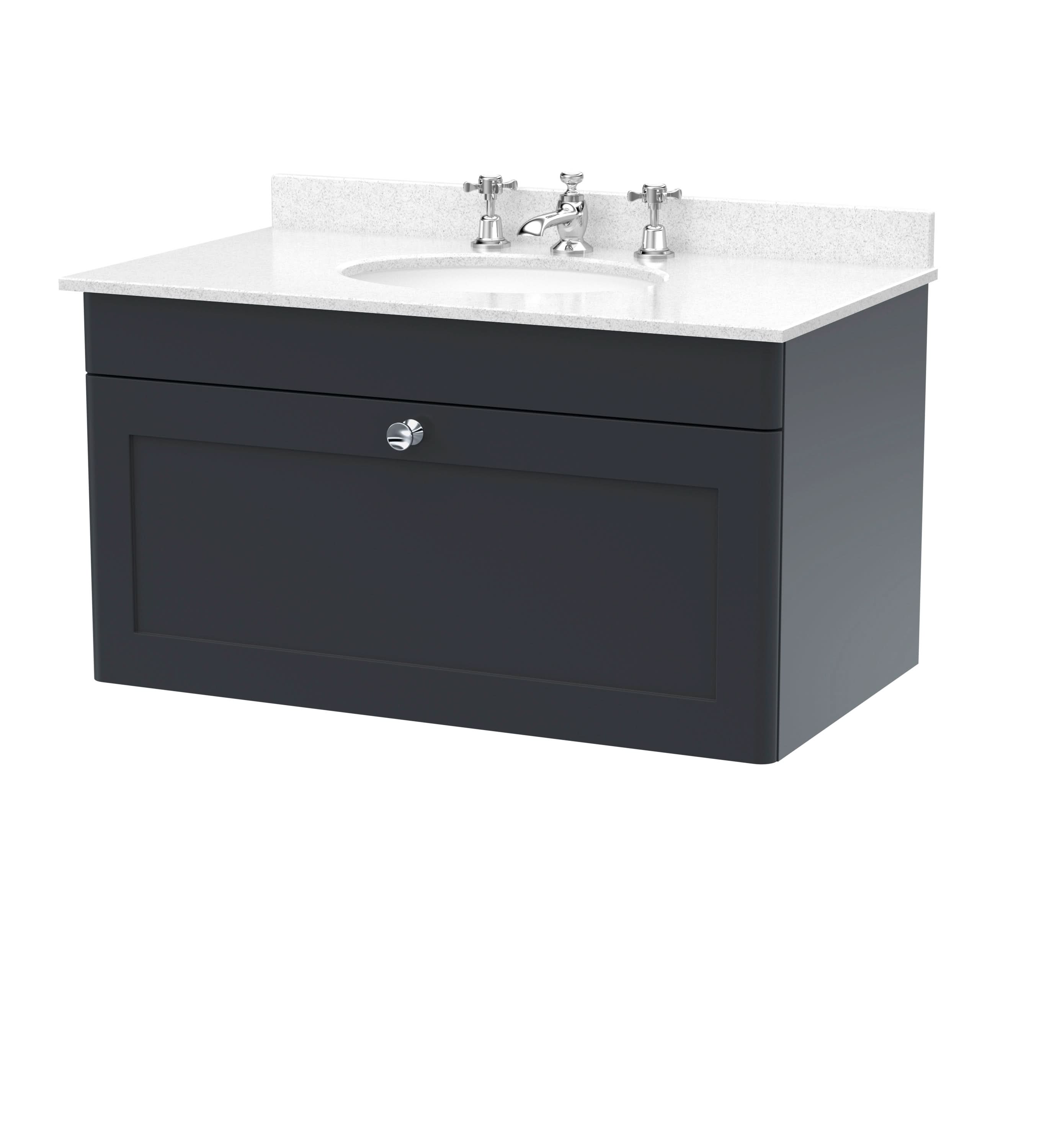Nuie Classique Wall Hung 1 Drawer Unit & 1 Tap Hole White Marble Top with Oval Basin, Sink Vanity Unit in Soft Black with White Basin, 800mm