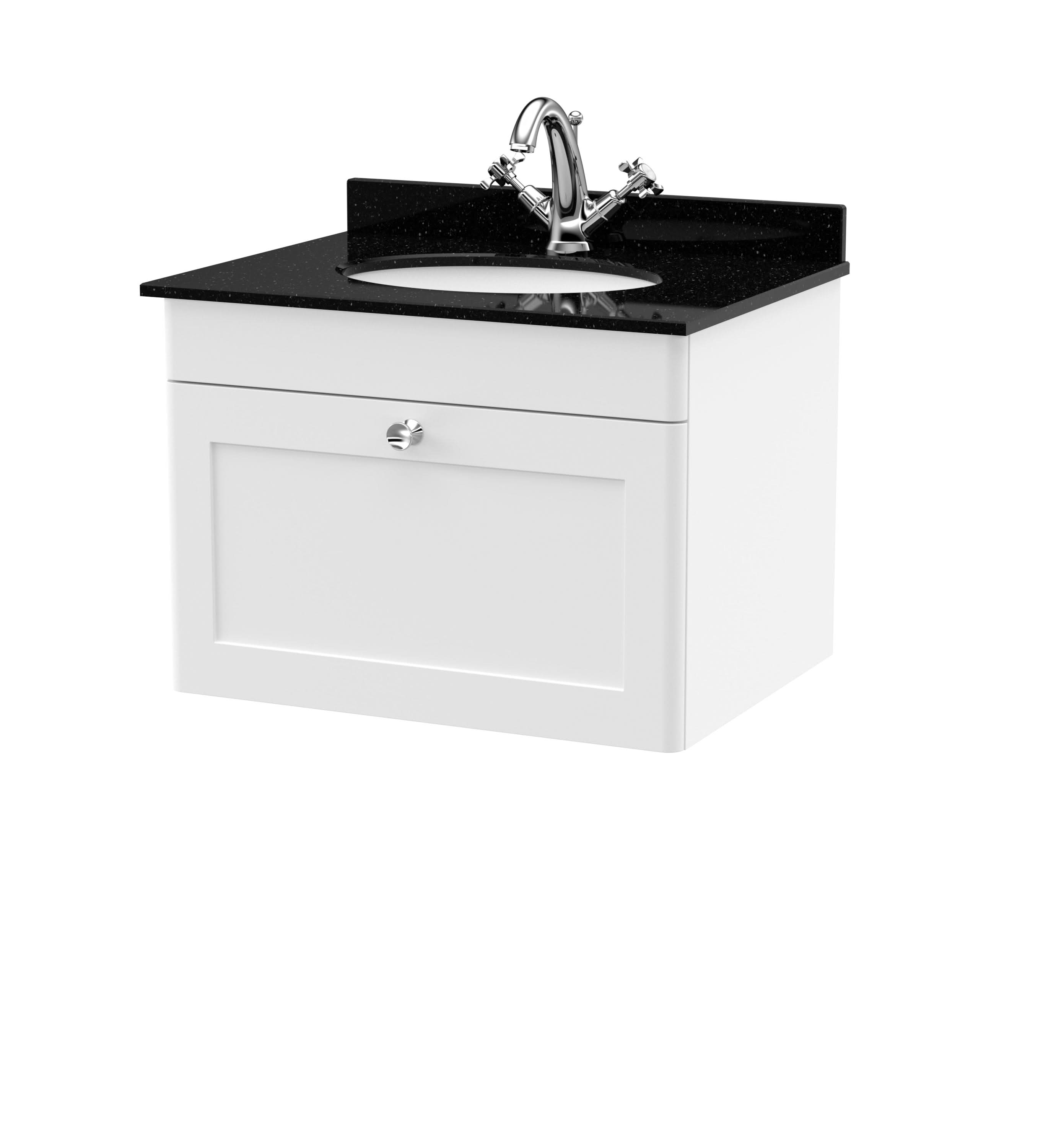 Nuie Classique Wall Hung 1 Drawer Vanity Unit & 1 Tap Hole Black Marble Top with Oval Basin, Sink Vanity Unit in Satin White with White Basin, 600mm