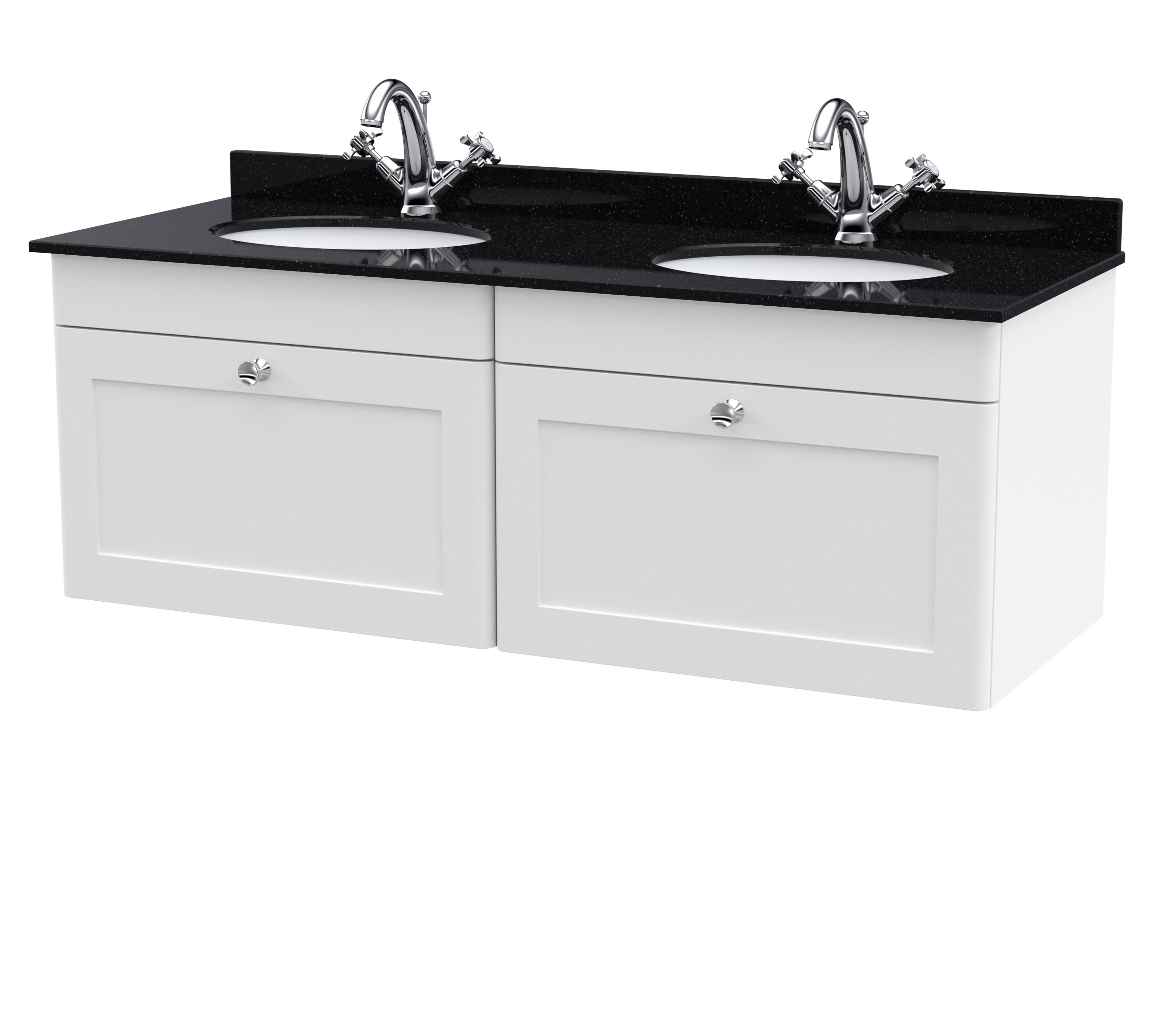 Nuie Classique Wall Hung 2 Drawer Unit & 1 Tap Hole Black Marble Top with Oval Basin, Sink Vanity Unit in Satin White with White Basin, 1200mm