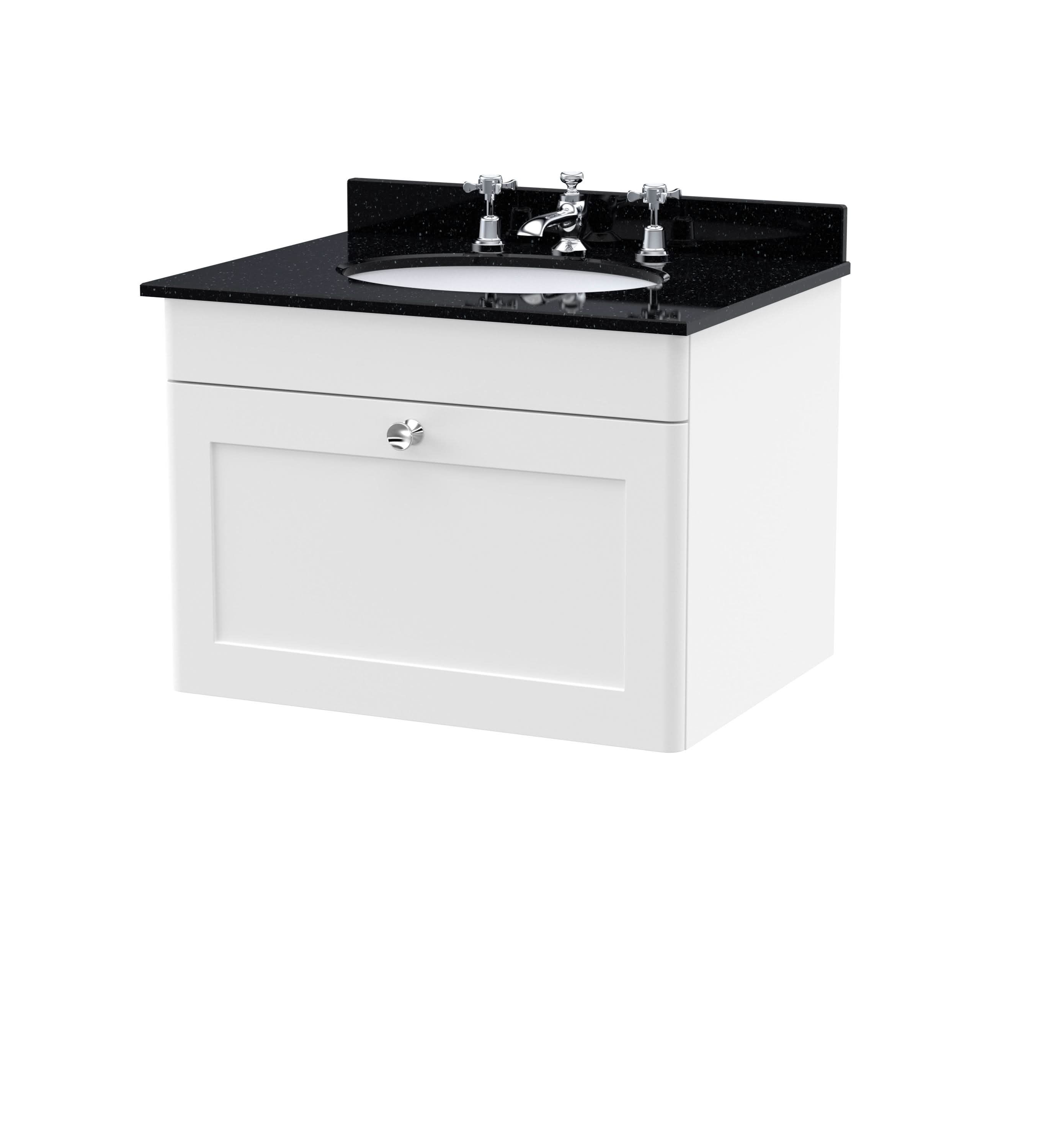 Nuie Classique Wall Hung 1 Drawer Vanity Unit & 3 Tap Hole Black Marble Top with Oval Basin, Sink Vanity Unit in Satin White with White Basin, 600mm