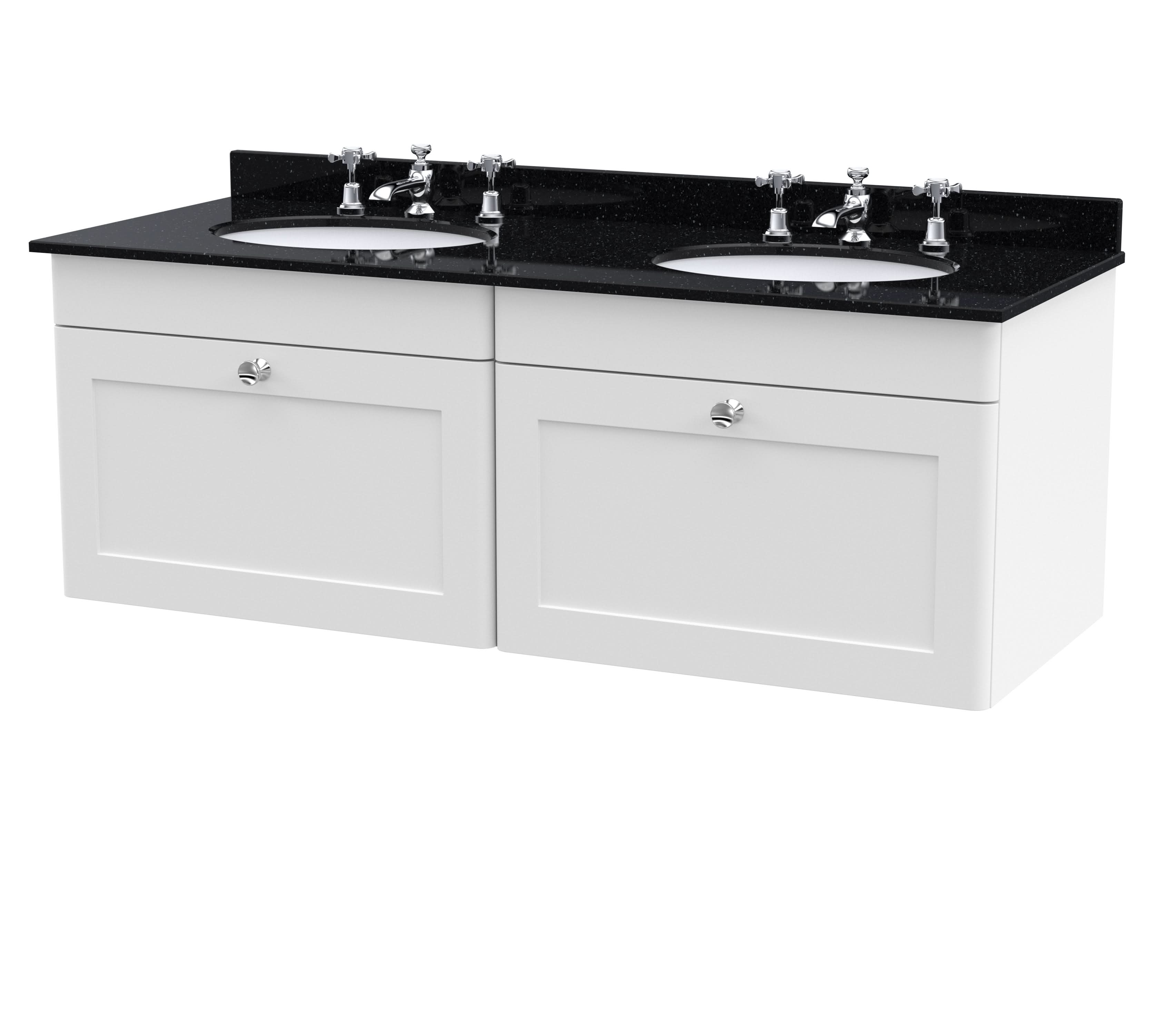 Nuie Classique Wall Hung 2 Drawer Unit & 3 Tap Hole Black Marble Top with Oval Basin, Sink Vanity Unit in Satin White with White Basin, 1200mm