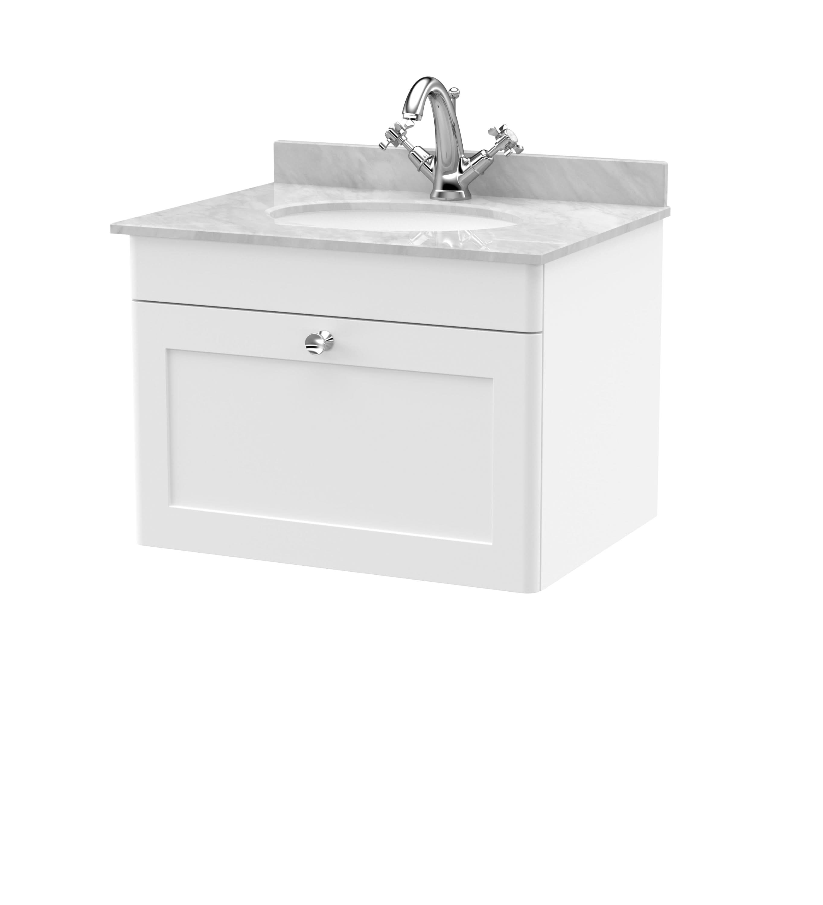 Nuie Classique Wall Hung 1 Drawer Unit & 1 Tap Hole Grey Marble Top with Oval Basin, Stylish Sink Vanity Unit in Satin White with White Basin, 600mm