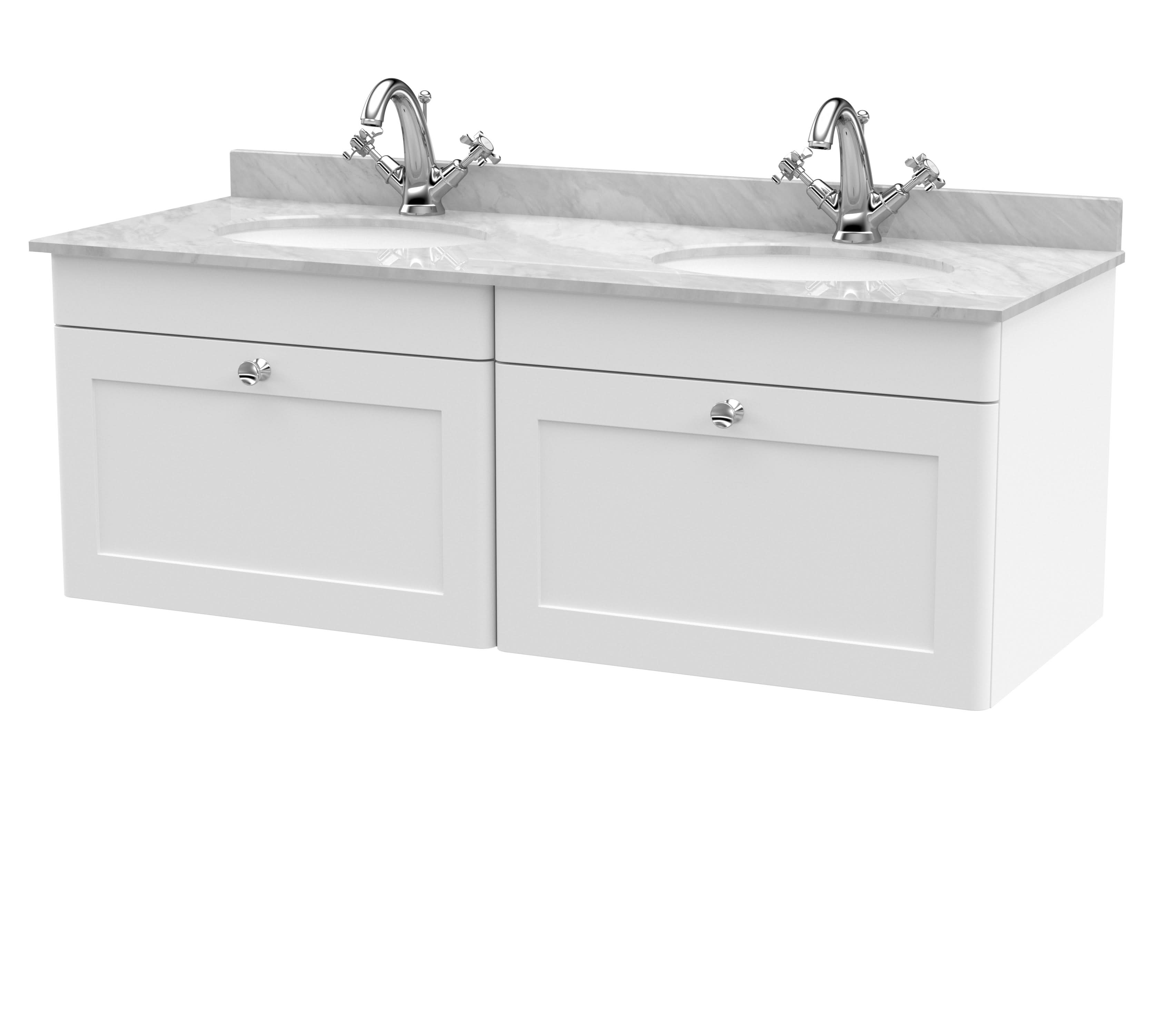 Nuie Classique Wall Hung 2 Drawer Unit & 1 Tap Hole Grey Marble Top with Oval Basin, Stylish Sink Vanity Unit in Satin White with White Basin, 1200mm