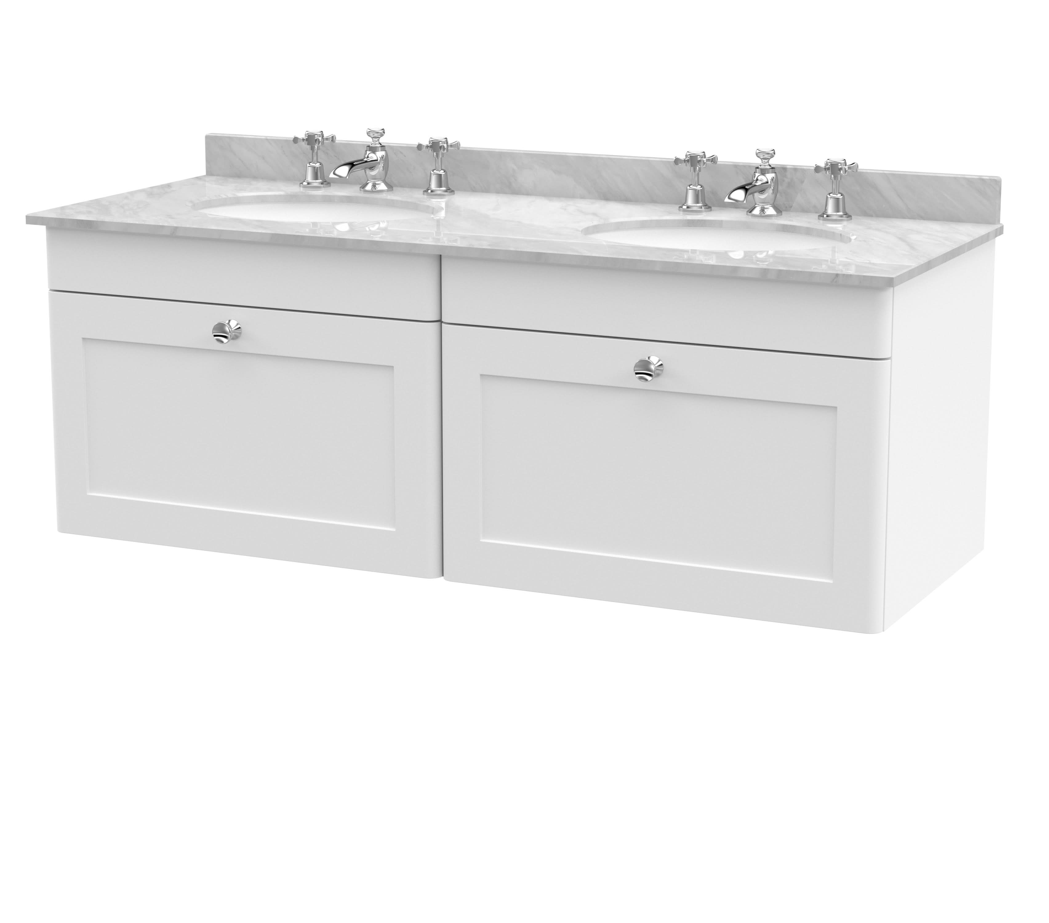 Nuie Classique Wall Hung 2 Drawer Vanity Unit & 3 Tap Hole Grey Marble Top with Oval Basin, Stylish Sink Vanity Unit in Satin White with White Basin, 1200mm