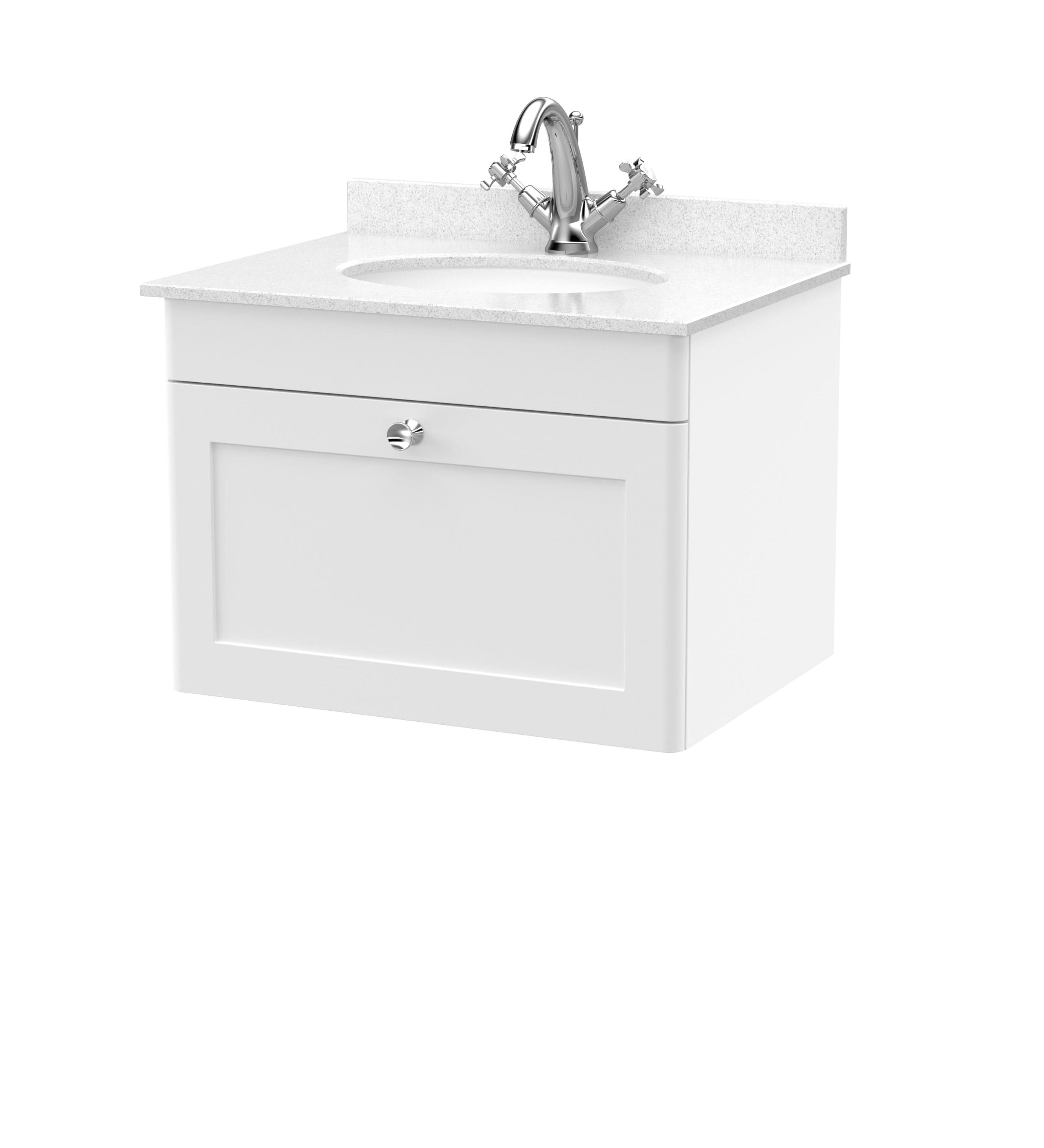 Nuie Classique Wall Hung 1 Drawer Vanity Unit & 1 Tap Hole White Marble Top with Oval Basin, Stylish Sink Vanity Unit in Satin White with White Basin, 600mm