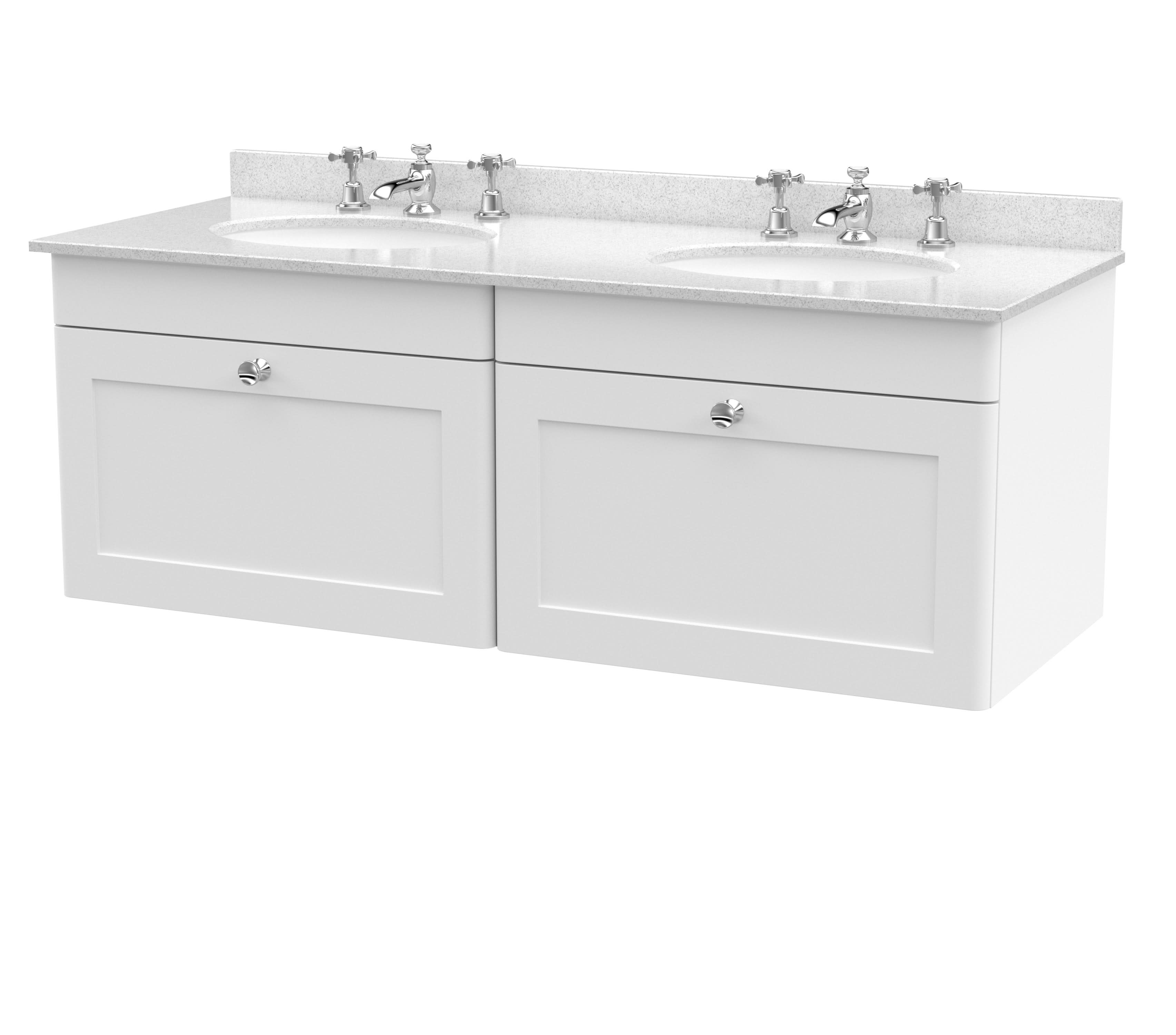 Nuie Classique Wall Hung 2 Drawer Vanity Unit & 3 Tap Hole White Marble Top with Oval Basin, Stylish Sink Vanity Unit in Satin White with White Basin, 1200mm