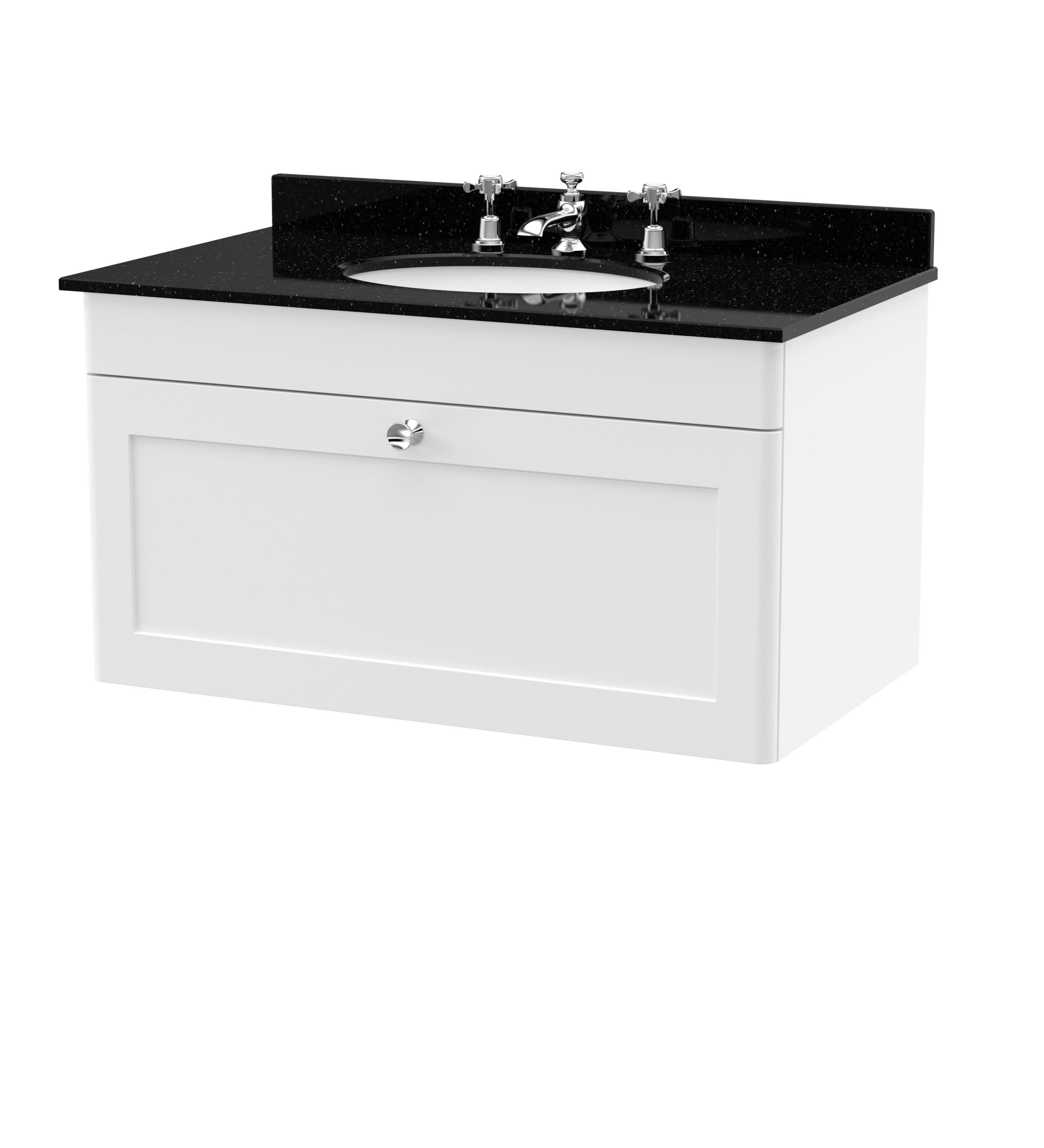 Nuie Classique Wall Hung 1 Drawer Vanity Unit & 3 Tap Hole Black Marble Top with Oval Basin, Stylish Sink Vanity Unit in Satin White with White Basin, 800mm