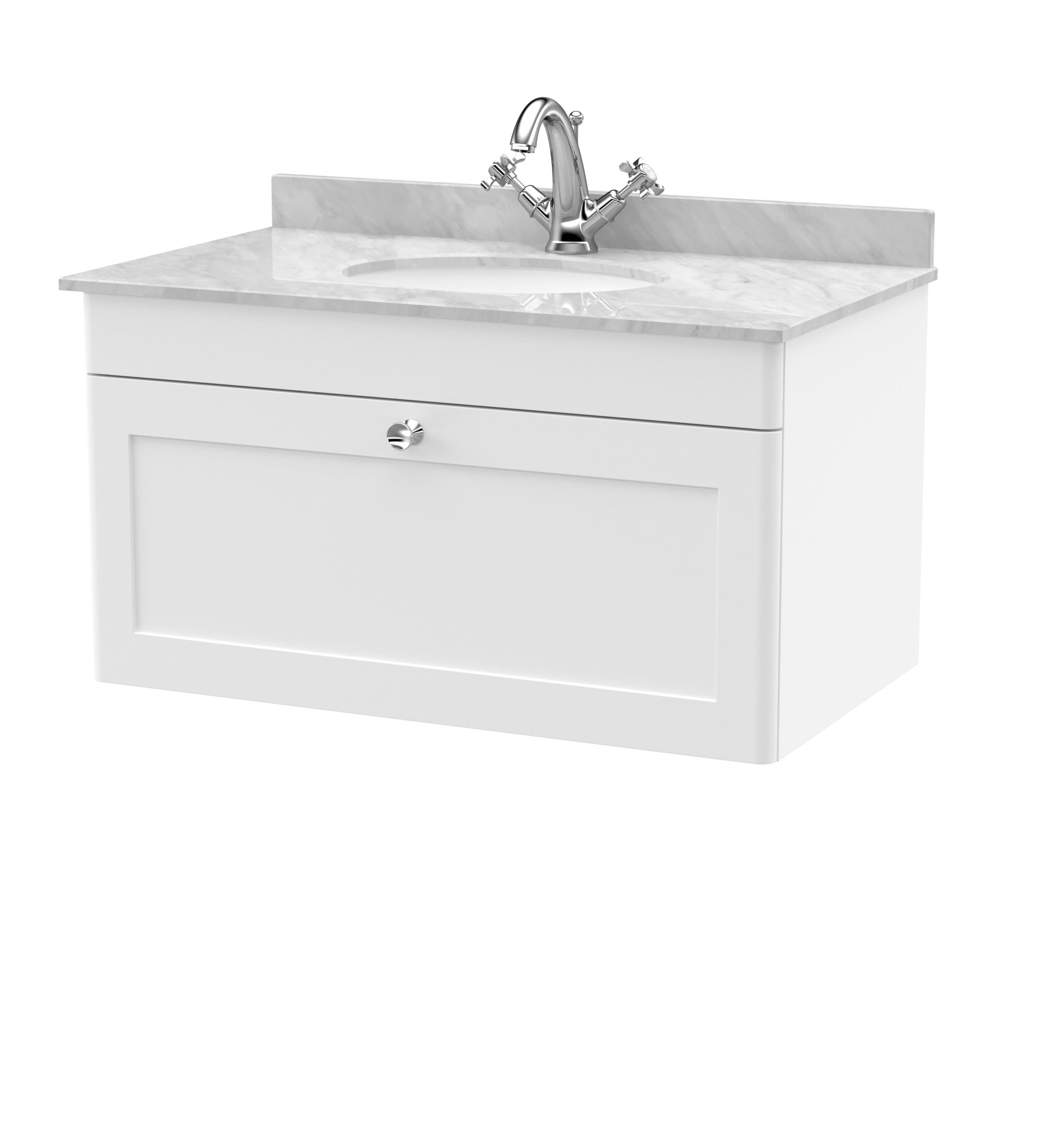 Nuie Classique Wall Hung 1 Drawer Vanity Unit & 1 Tap Hole Grey Marble Top with Oval Basin, Stylish Sink Vanity Unit in Satin White with White Basin, 800mm