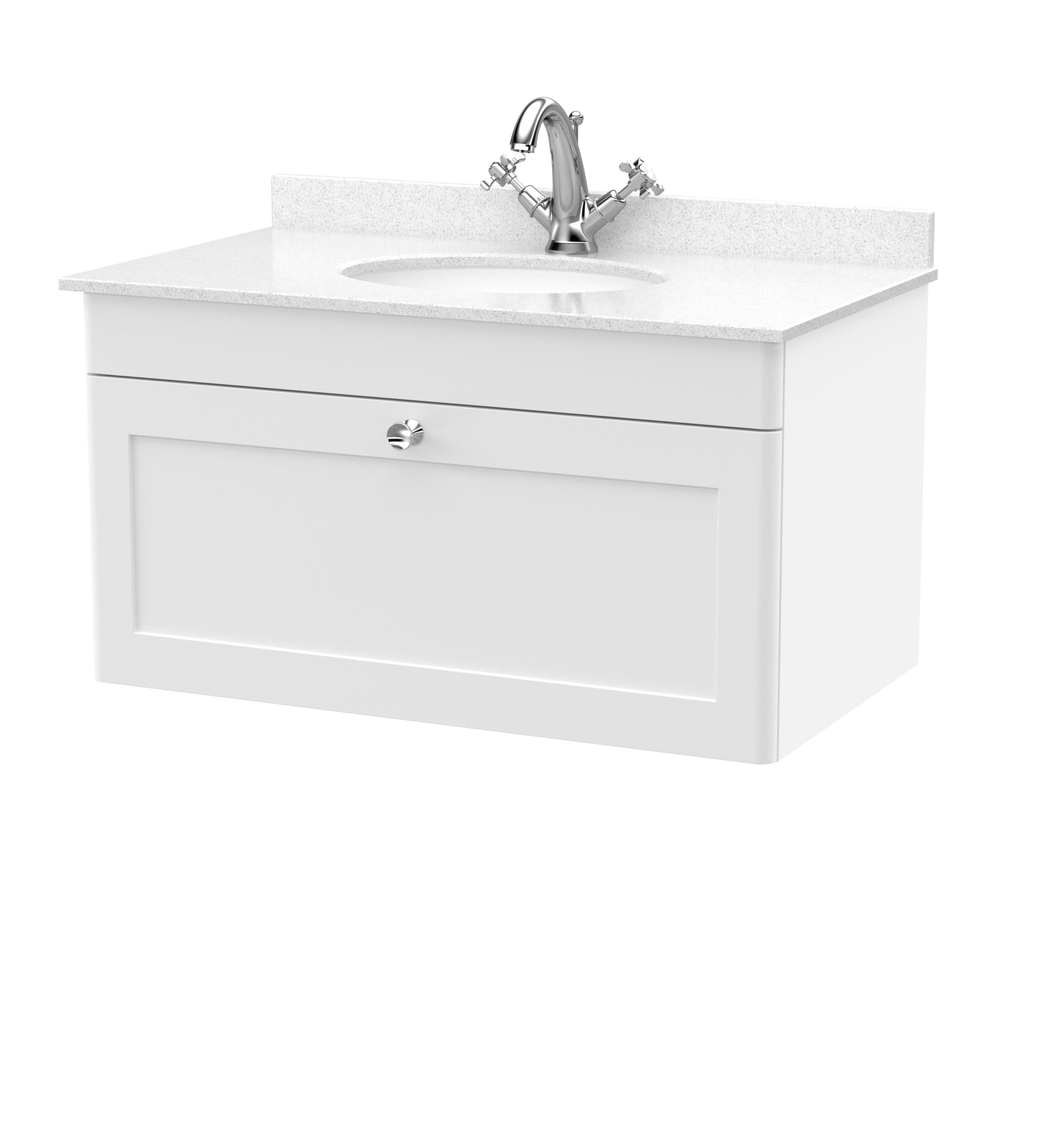 Nuie Classique Wall Hung 1 Drawer Vanity Unit & 1 Tap Hole White Marble Top with Oval Basin, Stylish Sink Vanity Unit in Satin White with White Basin, 800mm