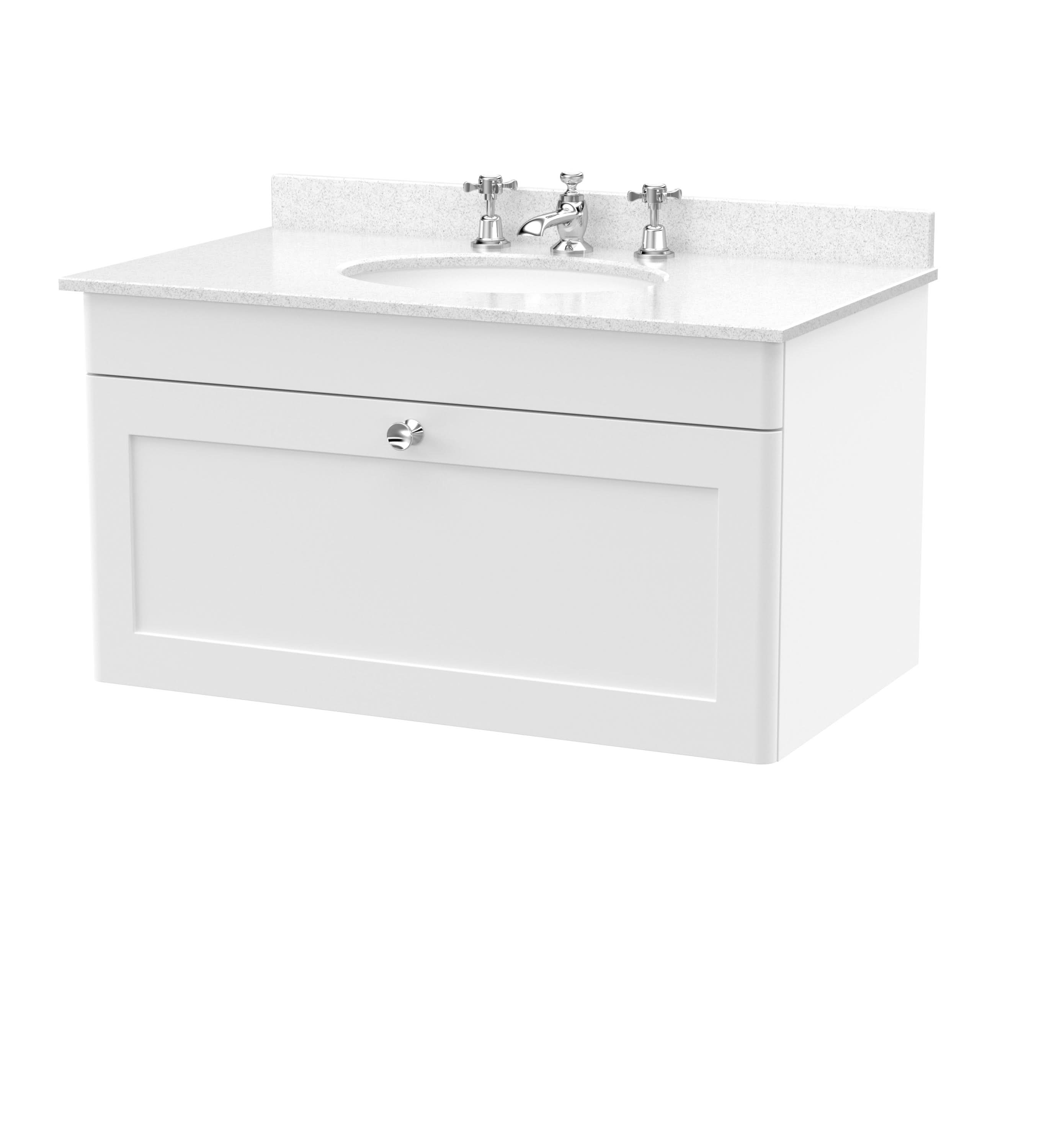 Nuie Classique Wall Hung 1 Drawer Vanity Unit & 3 Tap Hole White Marble Top with Oval Basin, Stylish Sink Vanity Unit in Satin White with White Basin, 800mm