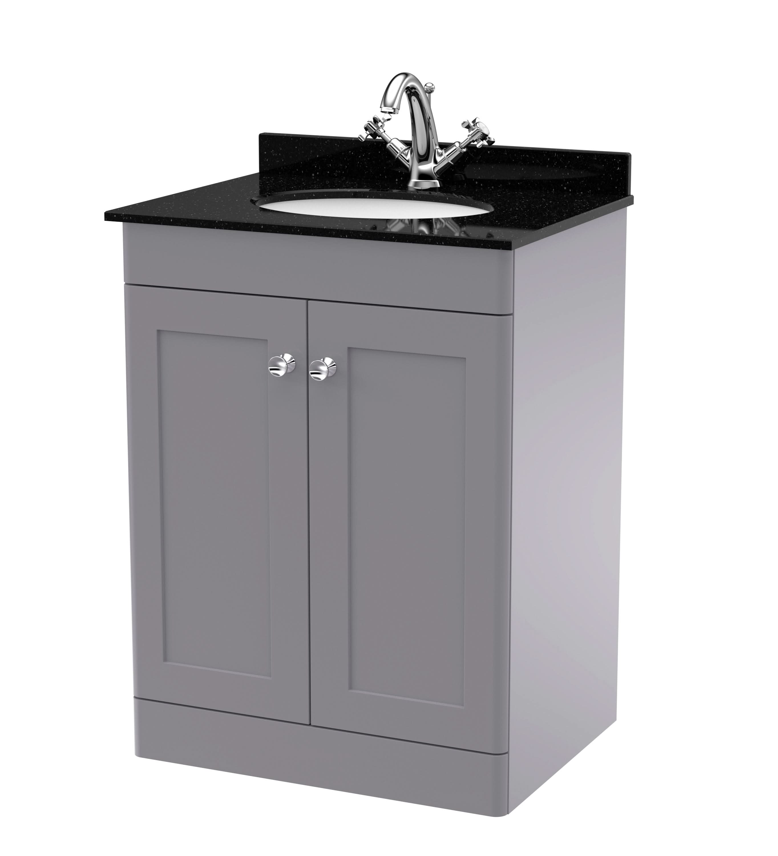 Nuie Classique Floor Standing 2 Door Vanity Unit & 1 Tap Hole Black Marble Top with Oval Basin, Stylish Sink Vanity Unit in Satin Grey with White Basin, 600mm