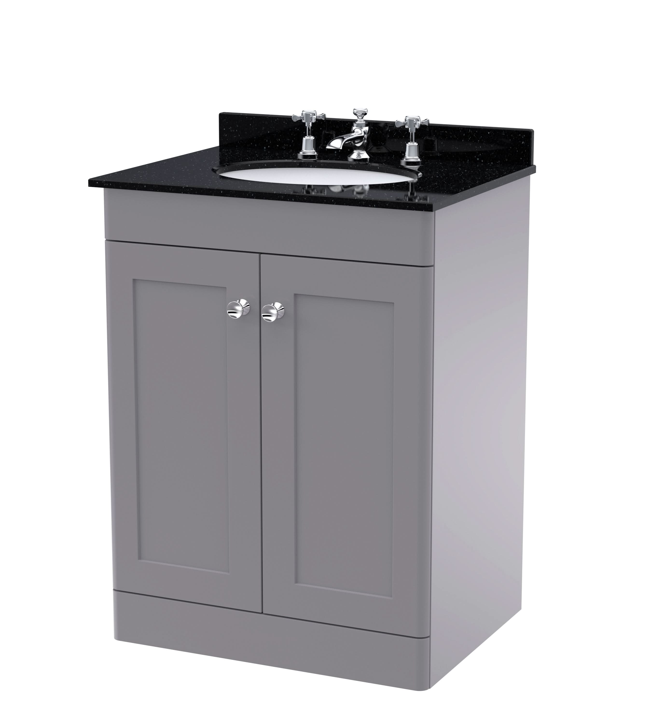 Nuie Classique Floor Standing 2 Door Vanity Unit & 3 Tap Hole Black Marble Top with Oval Basin, Stylish Sink Vanity Unit in Satin Grey with White Basin, 600mm