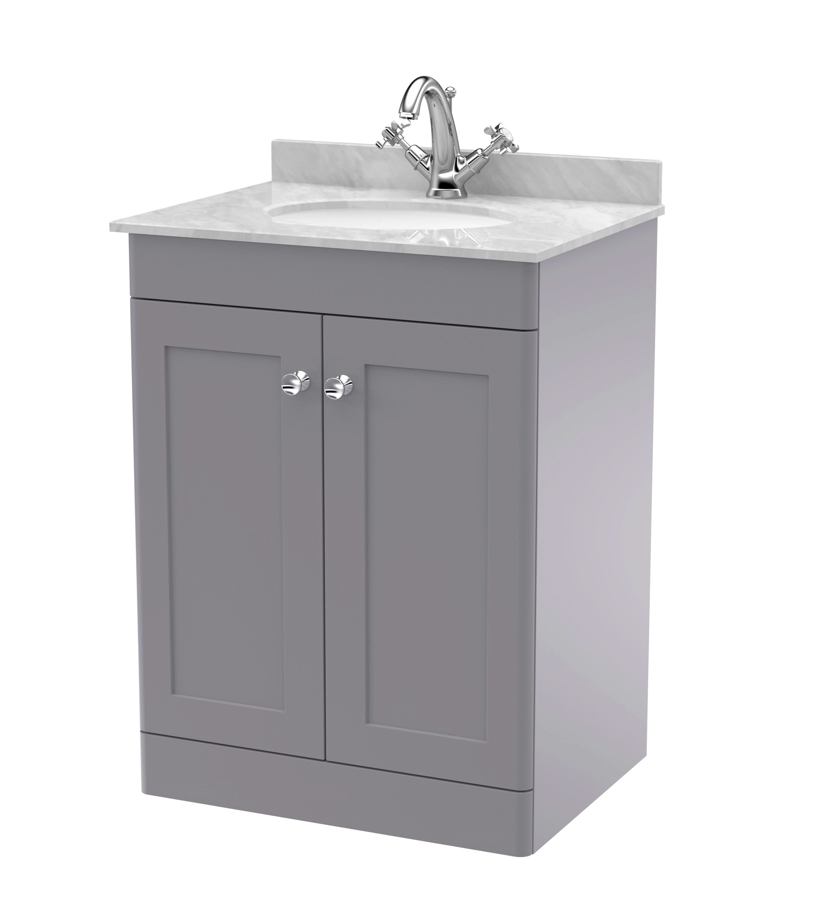 Nuie Classique Floor Standing 2 Door Vanity Unit & 1 Tap Hole Grey Marble Top with Oval Basin, Stylish Sink Vanity Unit in Satin Grey with White Basin, 600mm